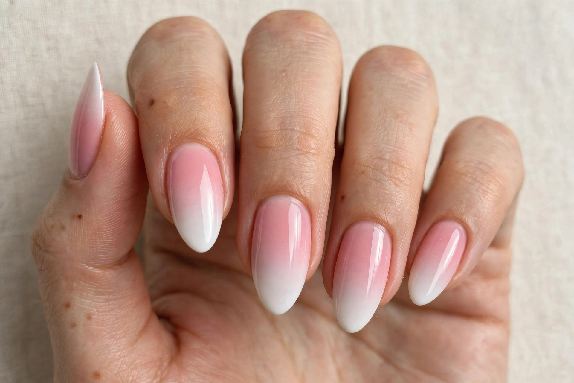 Close-up of pink and white ombre nails fading from white tips to a pink base
