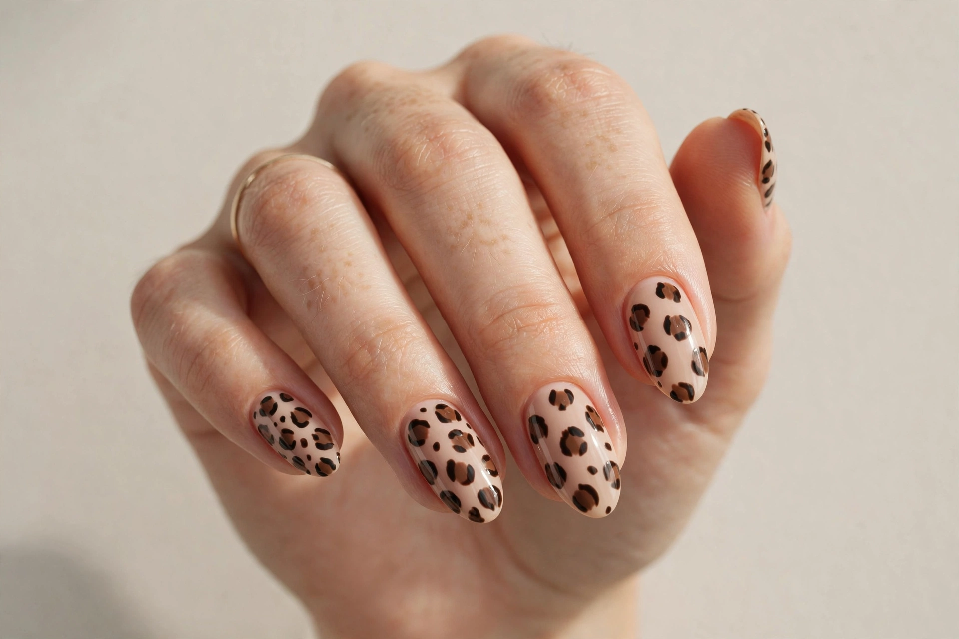 Close-up of leopard print nail art with black and gold spots on a tan base
