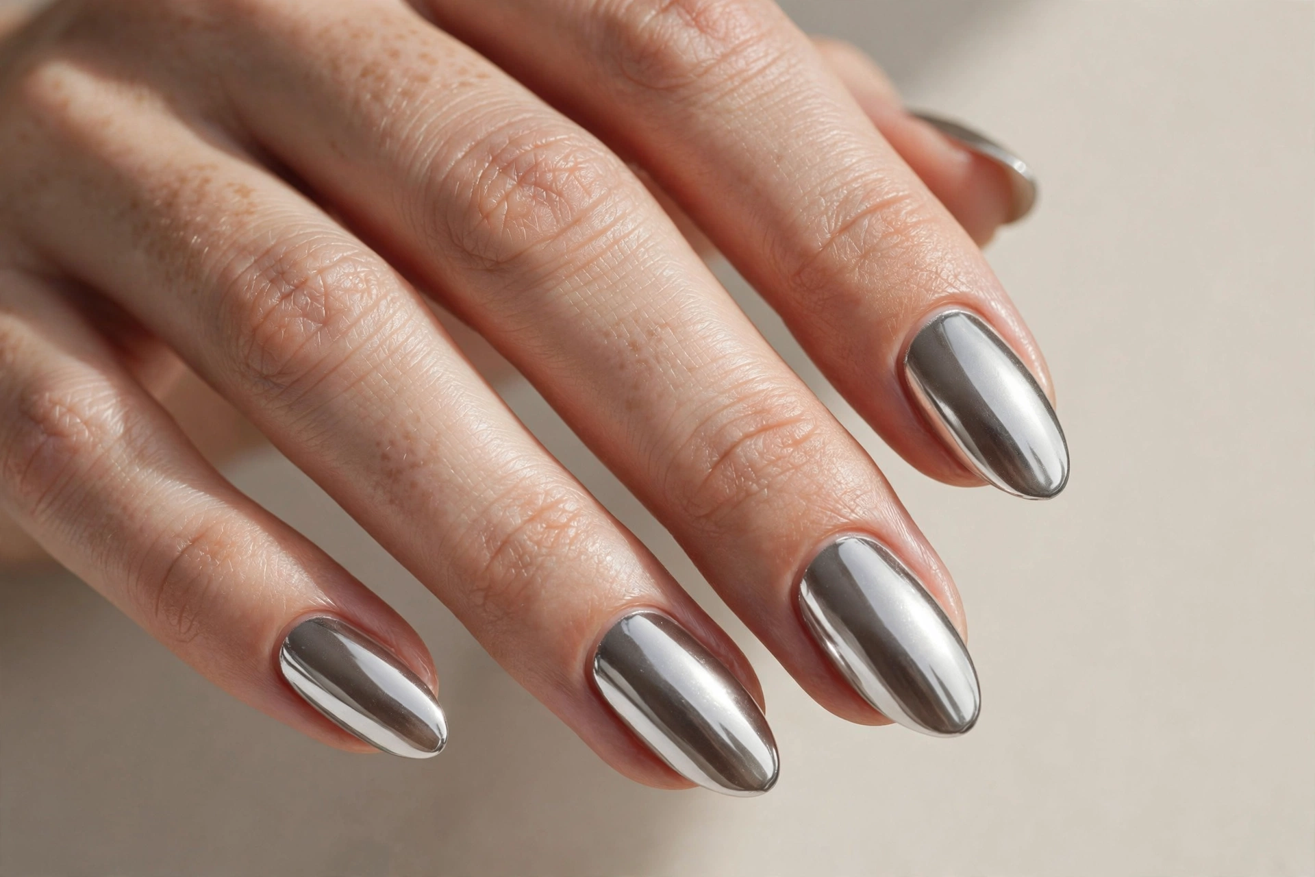 Close-up of silver chrome nails with a mirror-like metallic finish