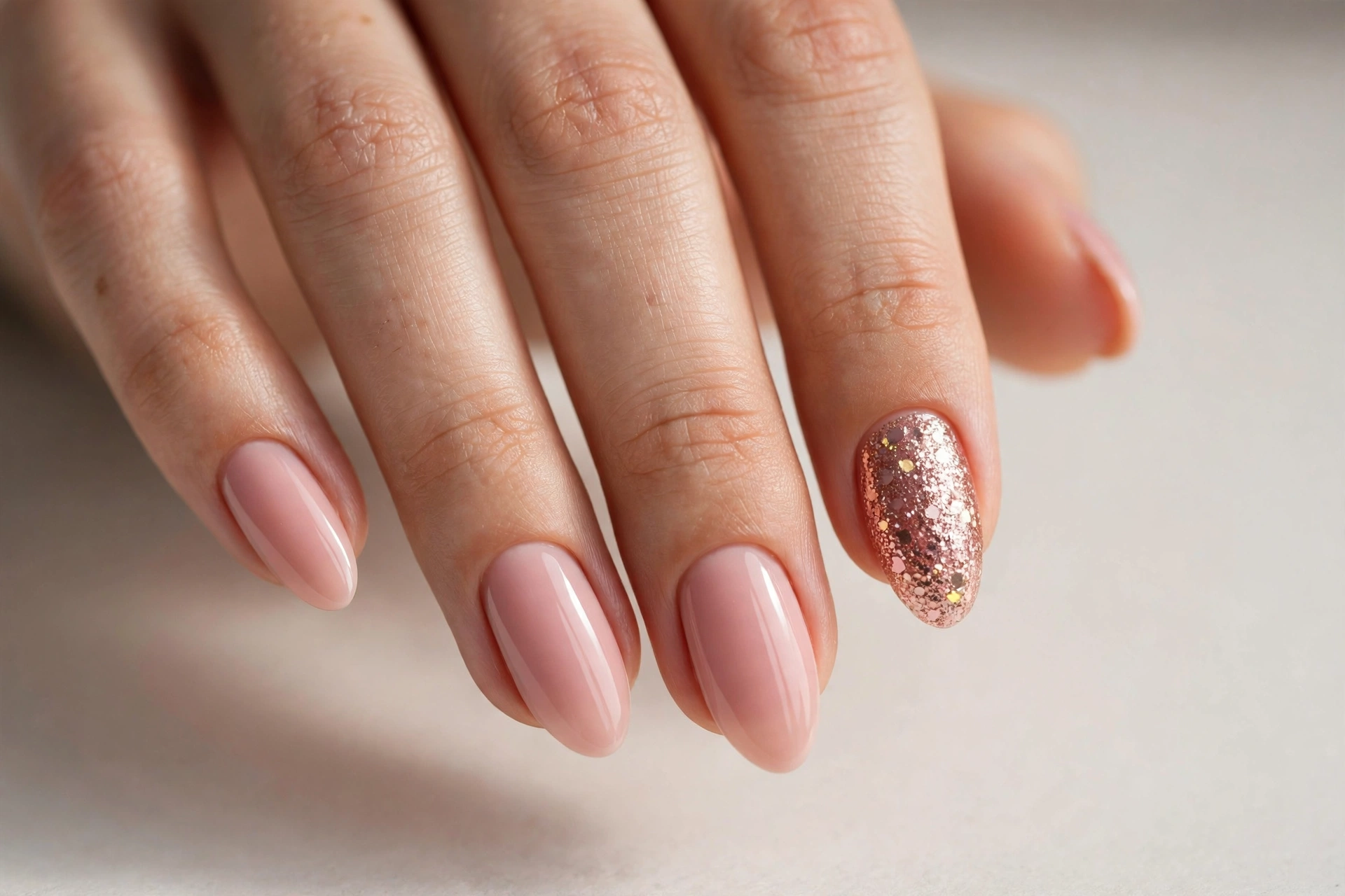 Close-up of rose gold glitter nail art with sparkling pink-gold shimmer
