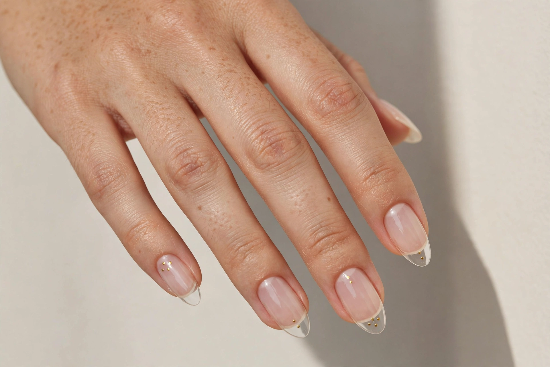 Close-up of negative space nail art with small gold dots on bare natural nails