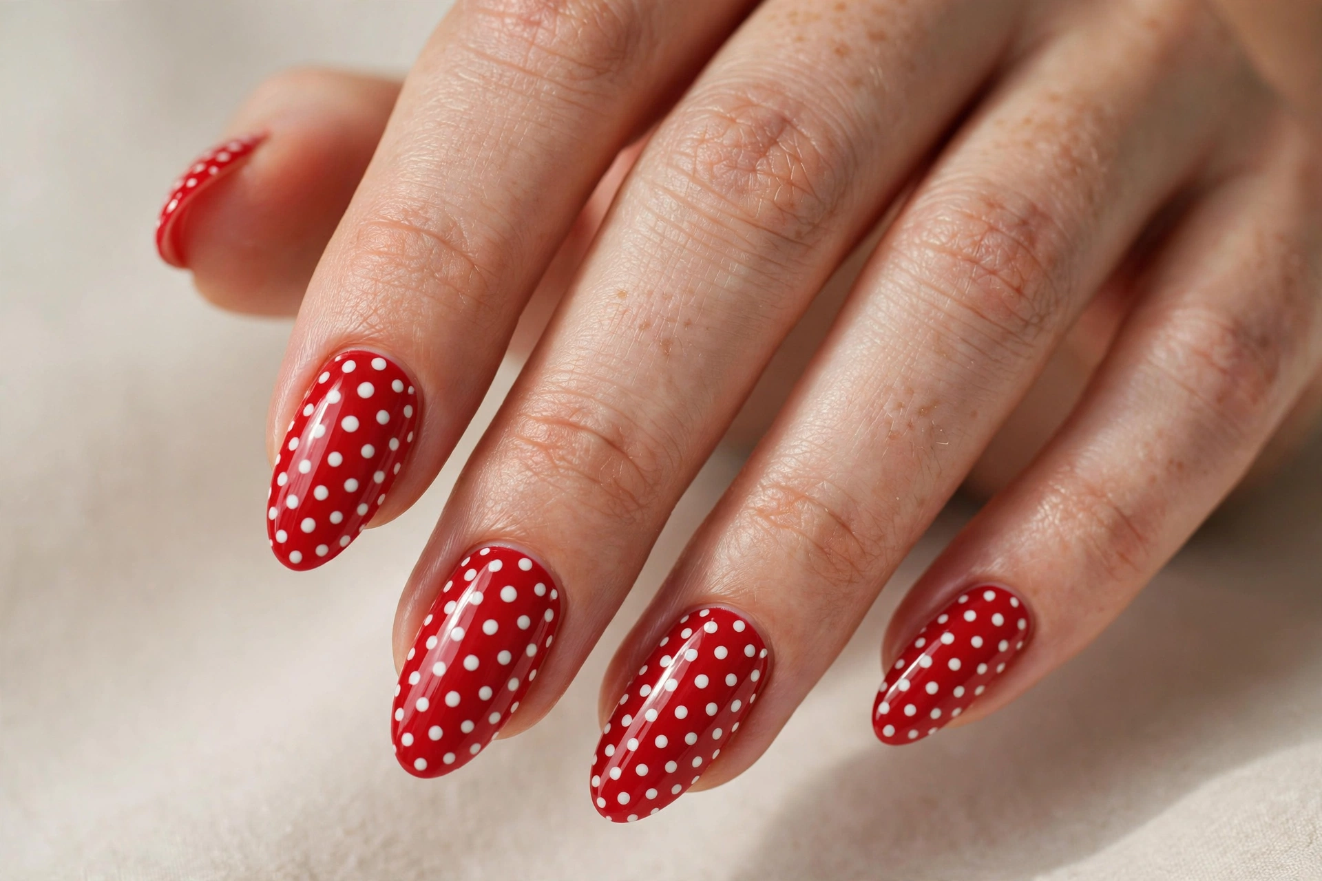Close-up of red and white polka dot nail art with retro dotted patterns