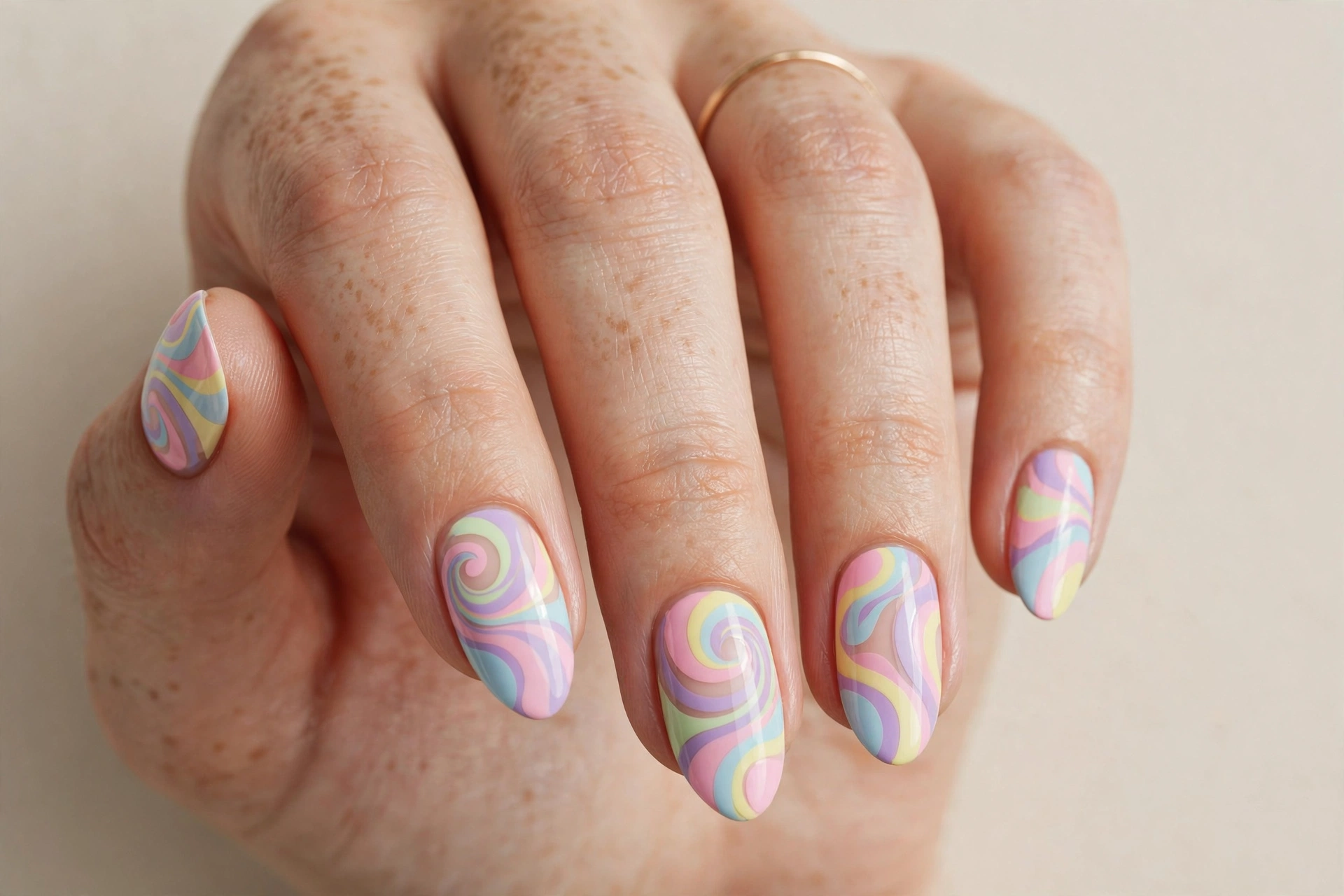 Close-up of pastel retro swirl nail art with wavy lines in soft candy colors