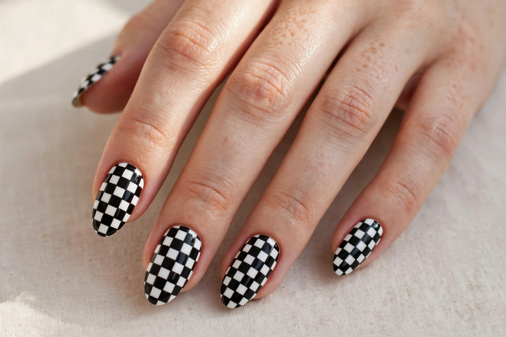 Close-up of black and white checkerboard nail art with a retro checkered pattern