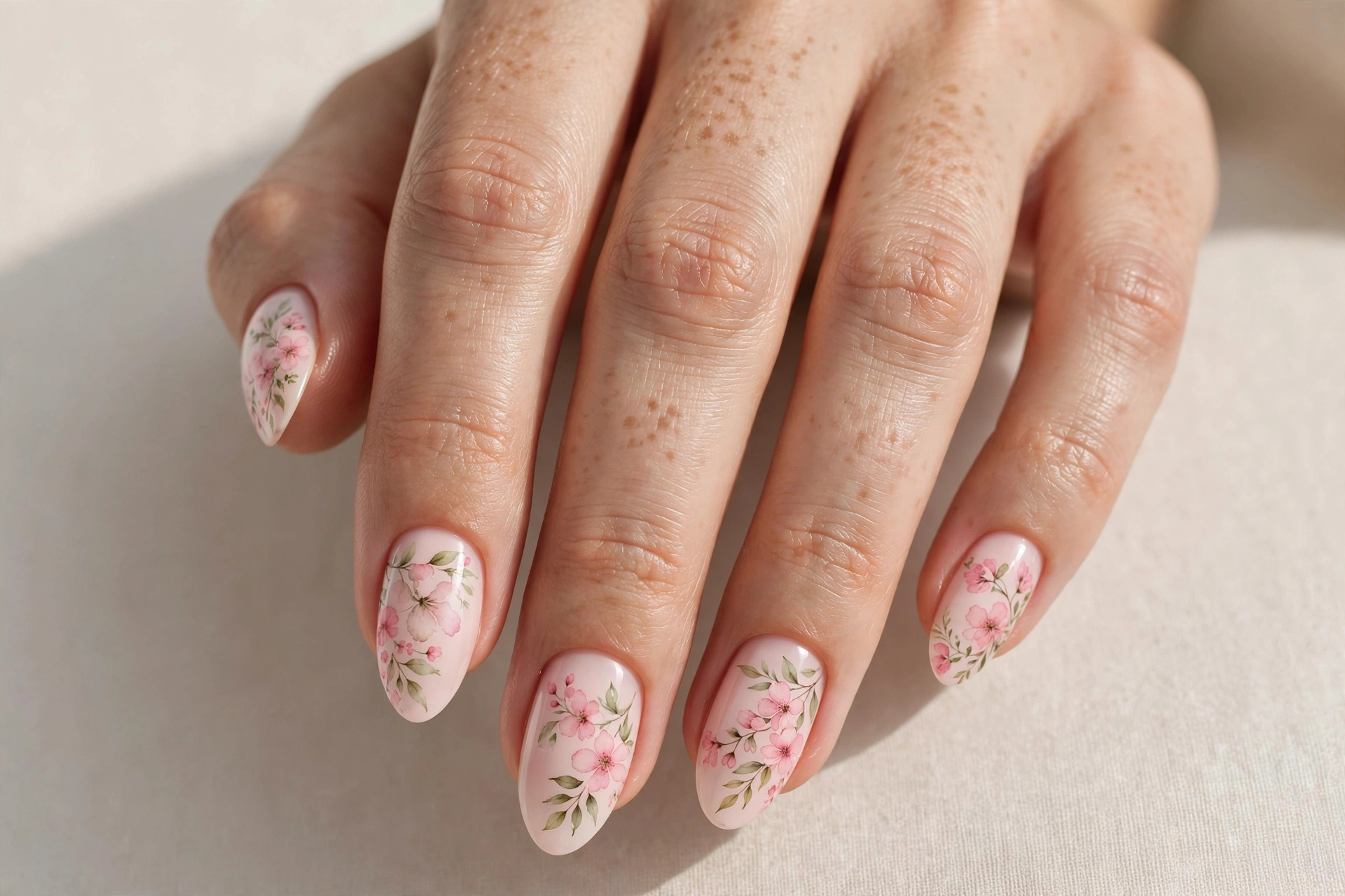 Close-up of watercolor floral nail art with soft blended blossoms in pastel tones