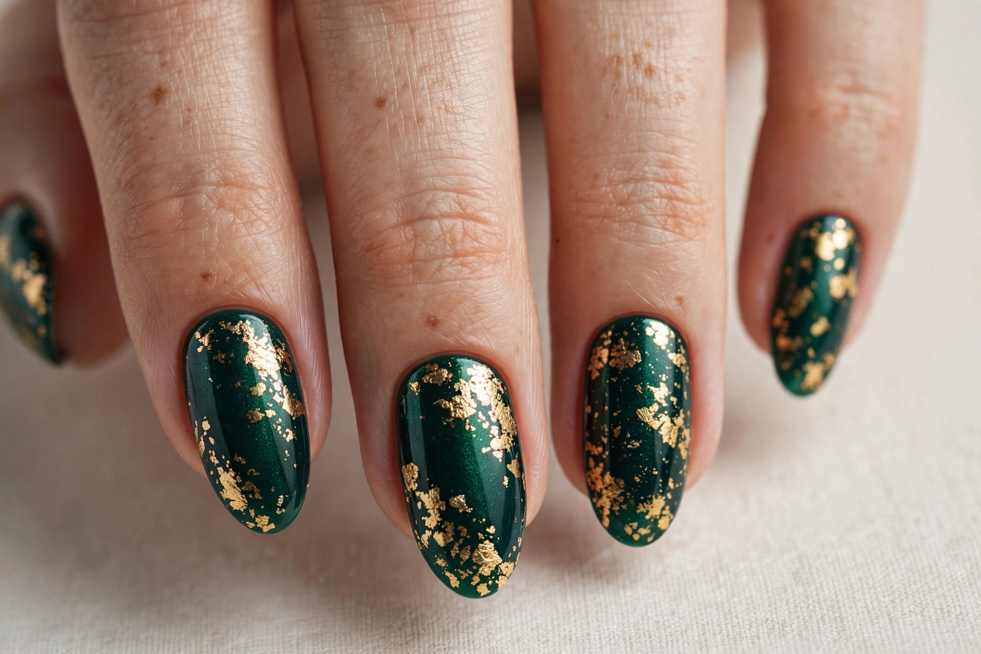 Close-up of emerald green nails with crinkled gold foil accents