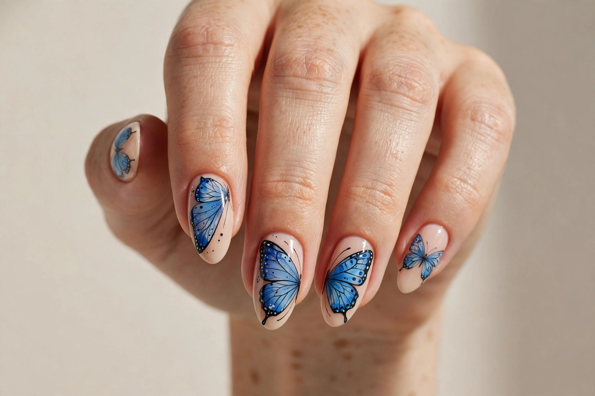 Close-up of butterfly wing nail art with blue butterfly wing patterns on a nude base