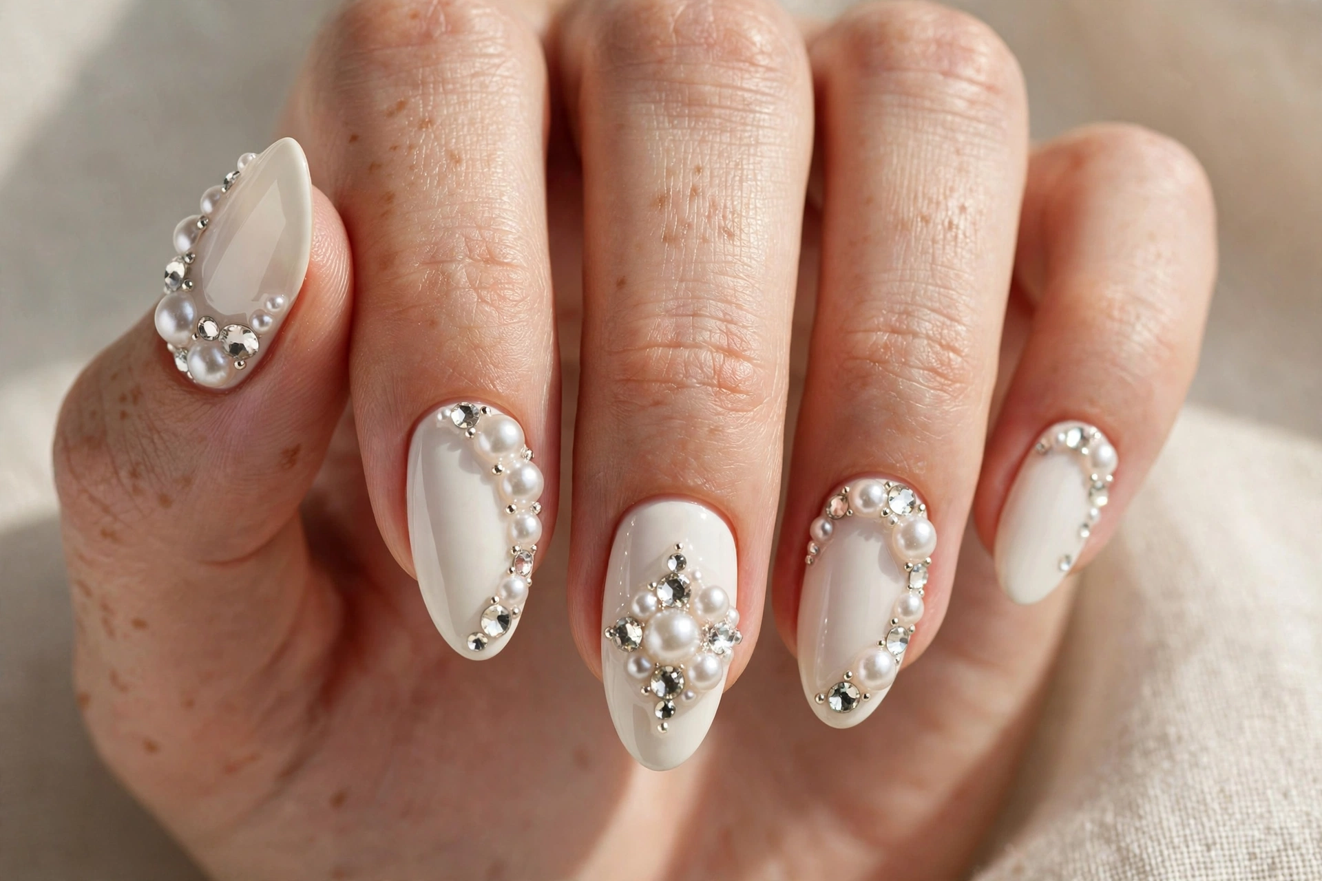 Close-up of 3D pearl and rhinestone nail art on a nude base