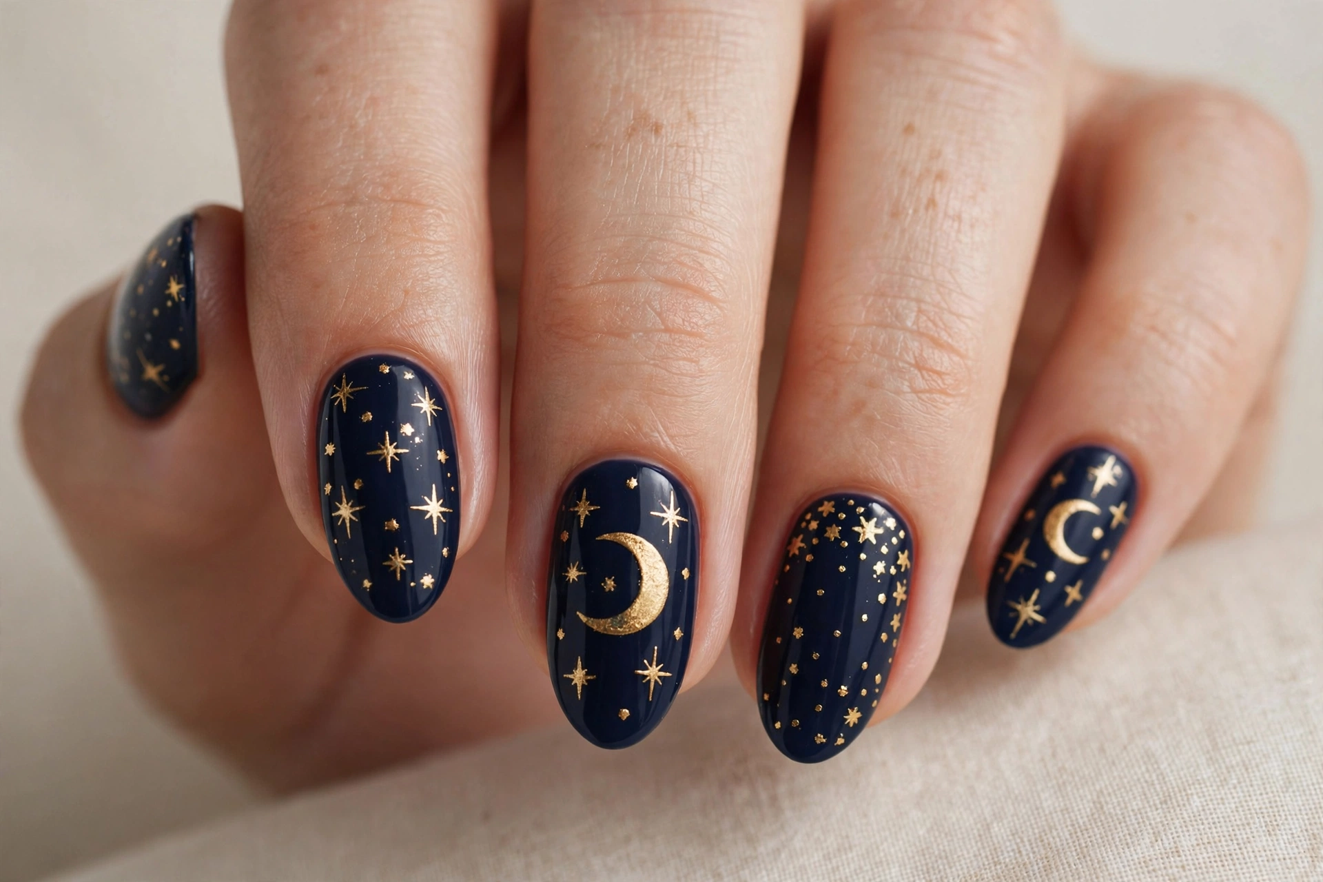 Close-up of celestial nail art with gold stars and moons on a navy night-sky base
