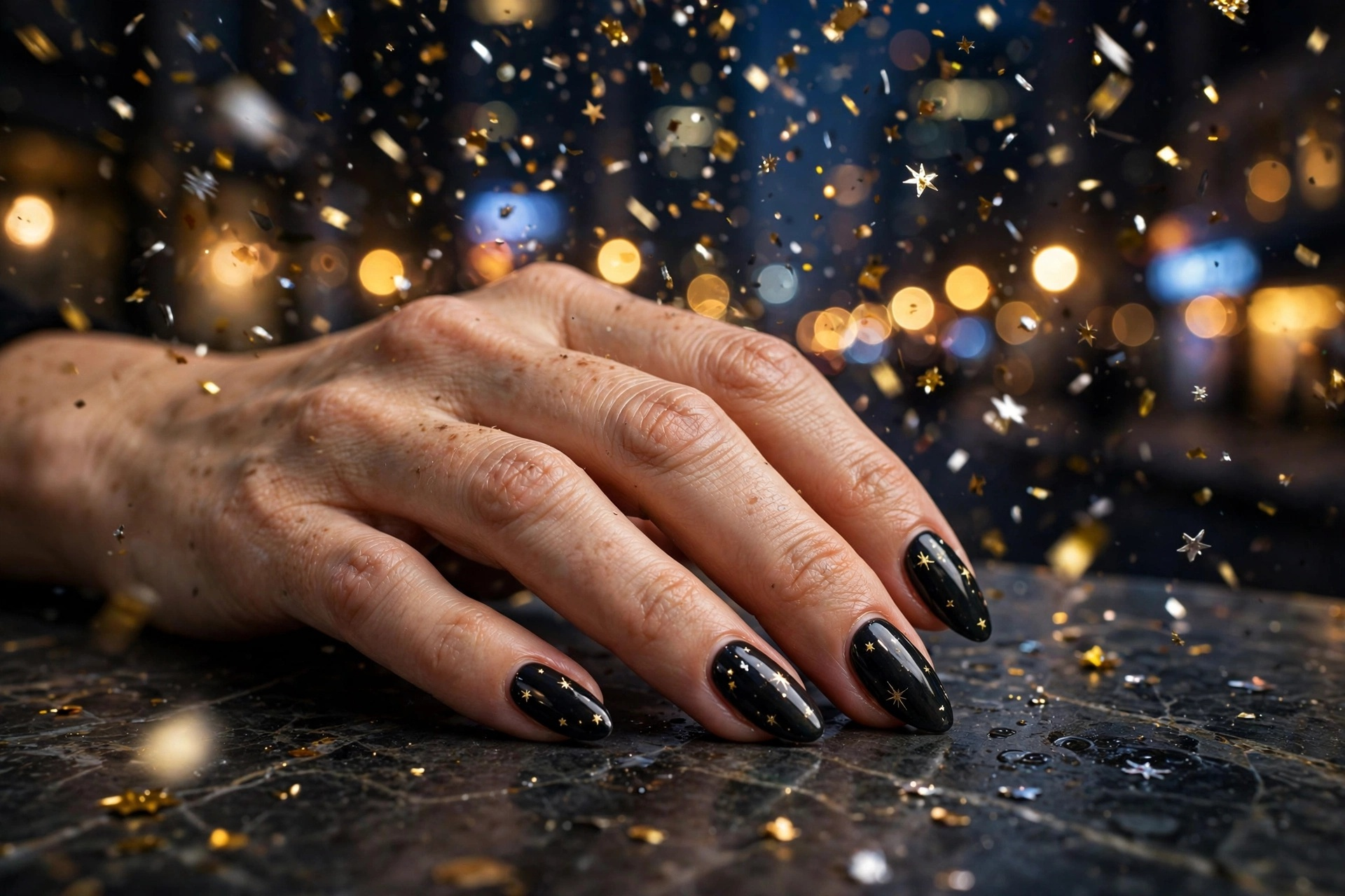 Midnight black nails with tiny gold star decals for New Year's Eve