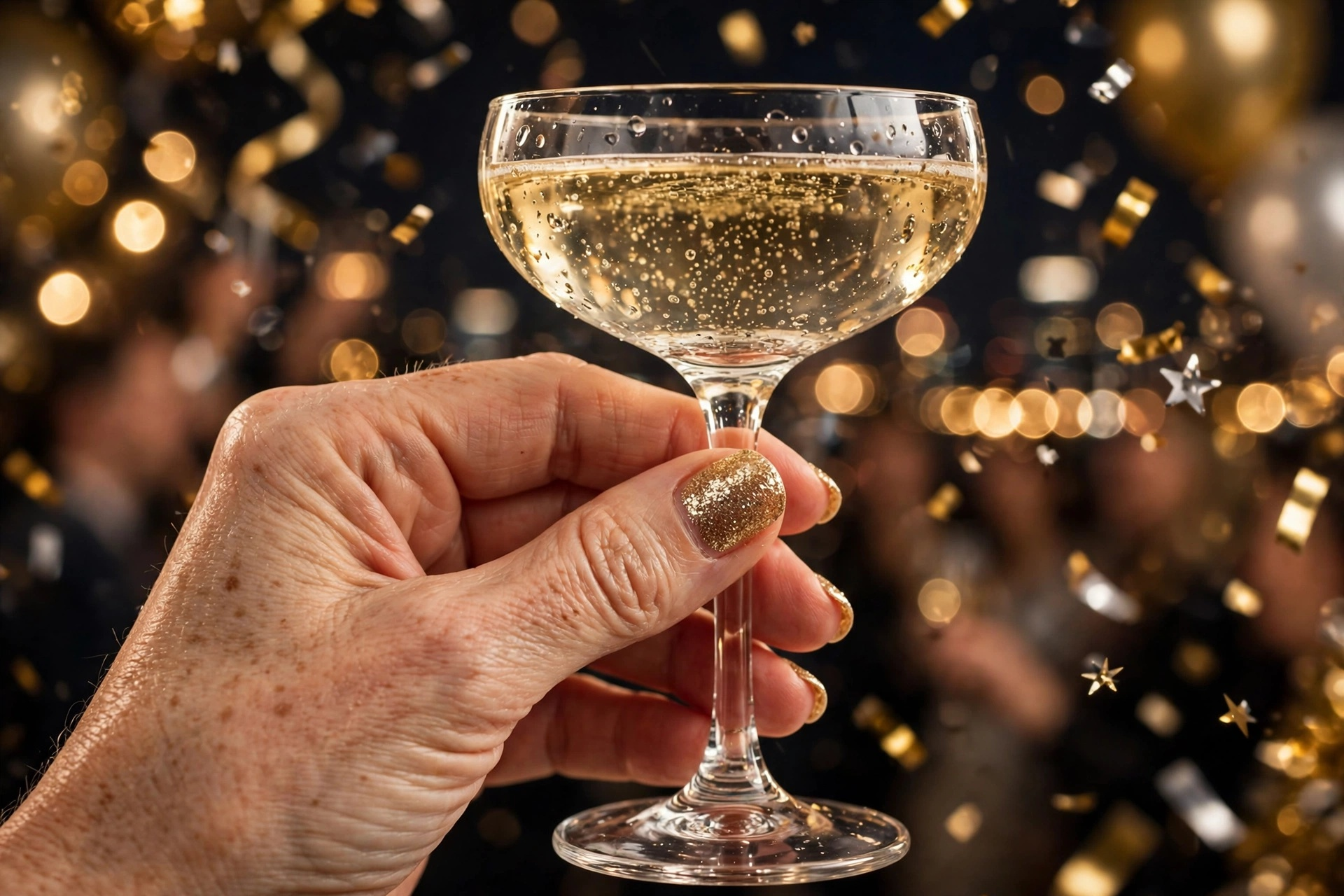 Dense champagne gold glitter nails on oval nails for New Year's Eve