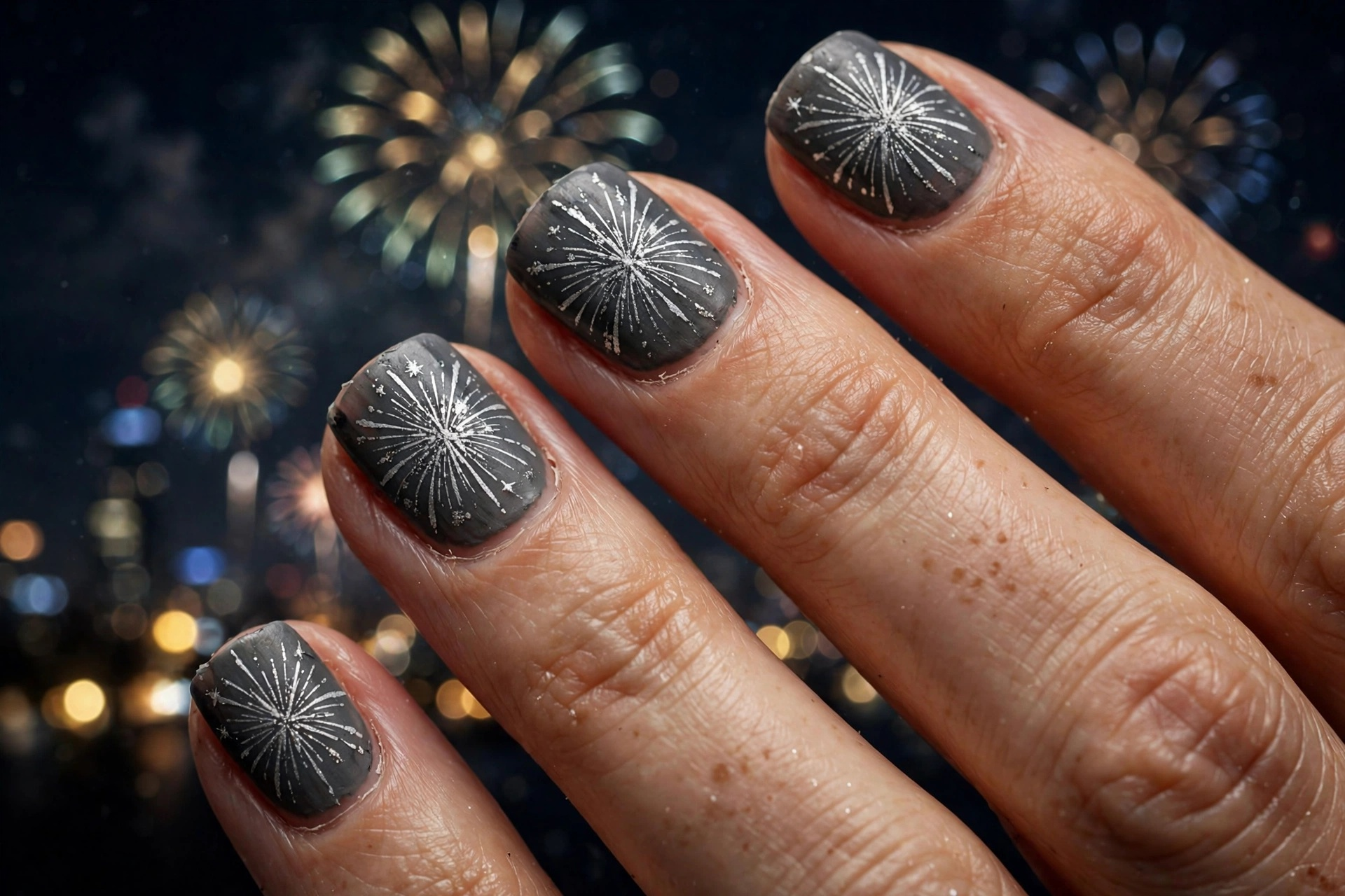 Silver firework burst nail art on charcoal grey short nails