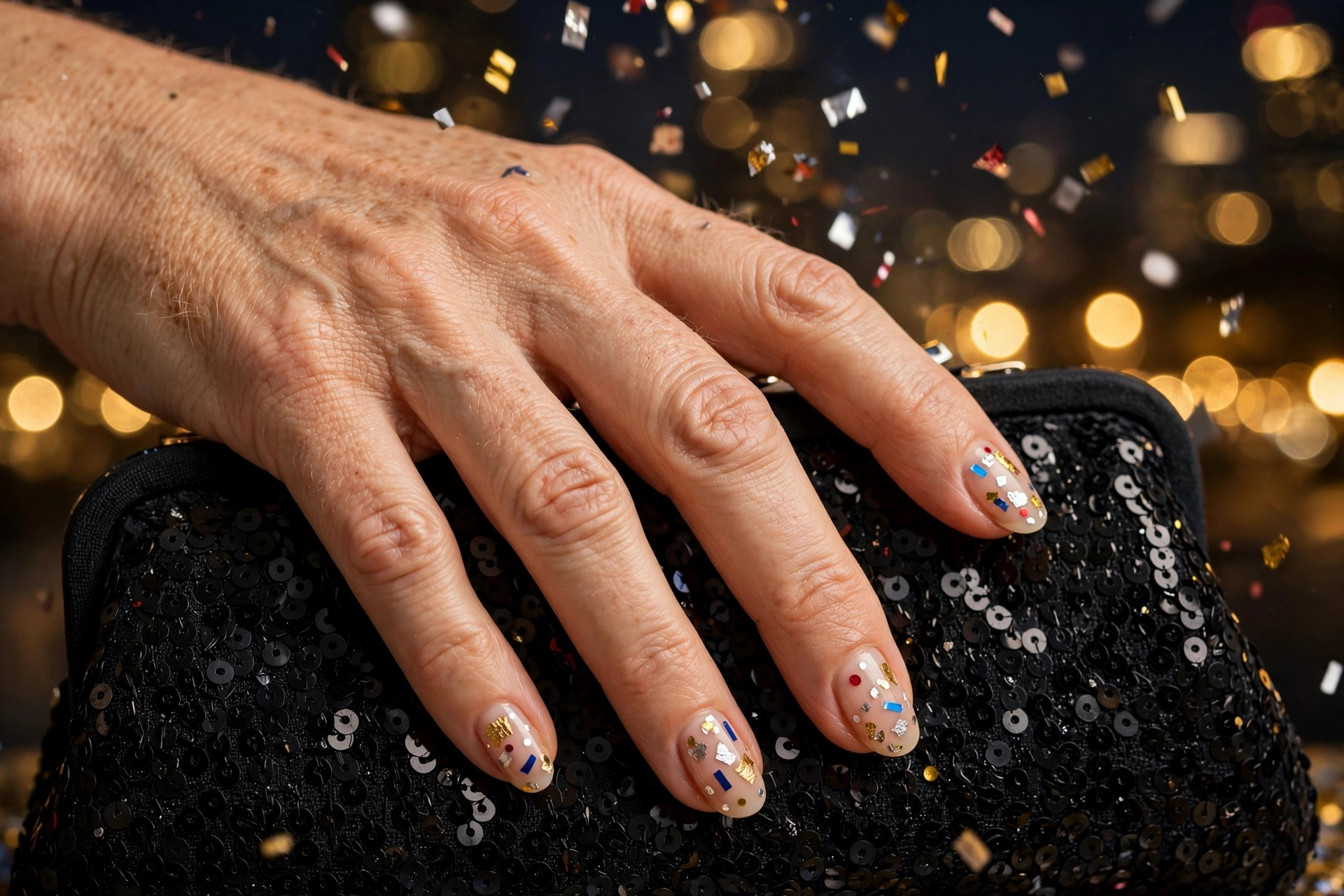 Colorful metallic confetti dot nail art on sheer nude nails