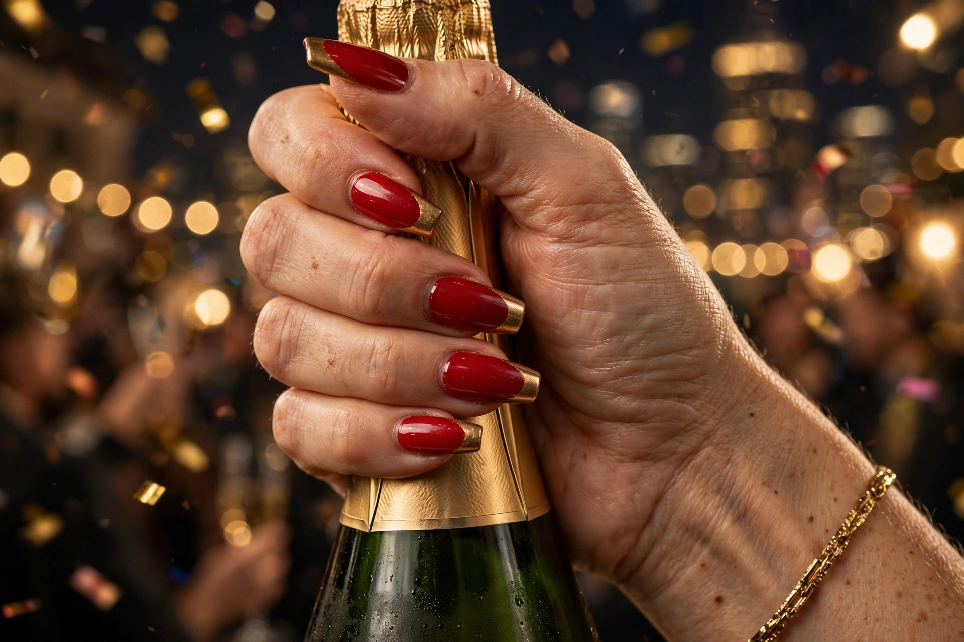 Classic red nails with metallic gold tips for New Year's Eve
