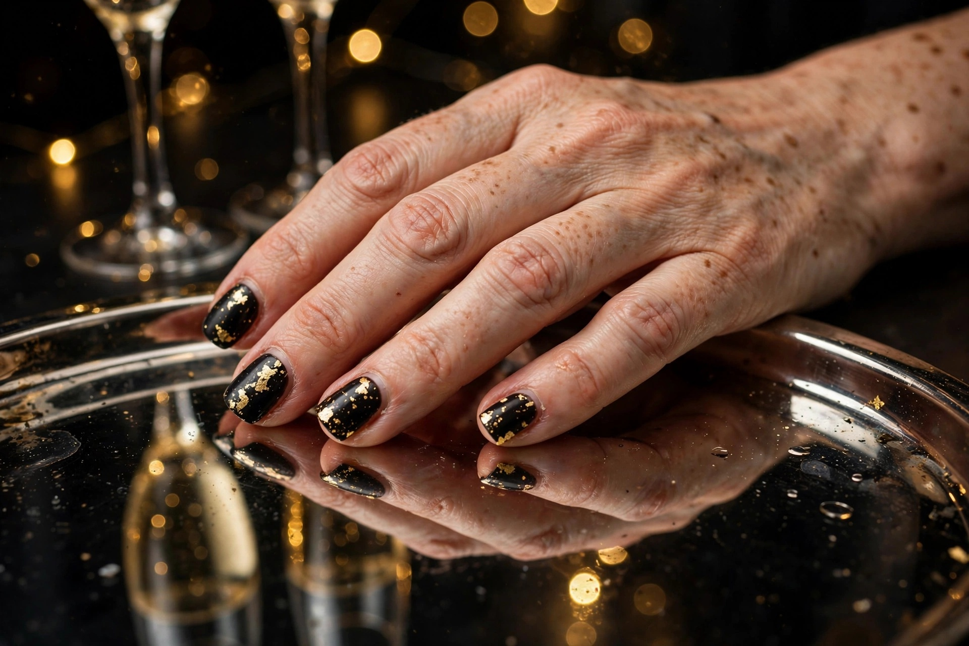 Gold foil flakes over dark espresso nails for New Year's Eve