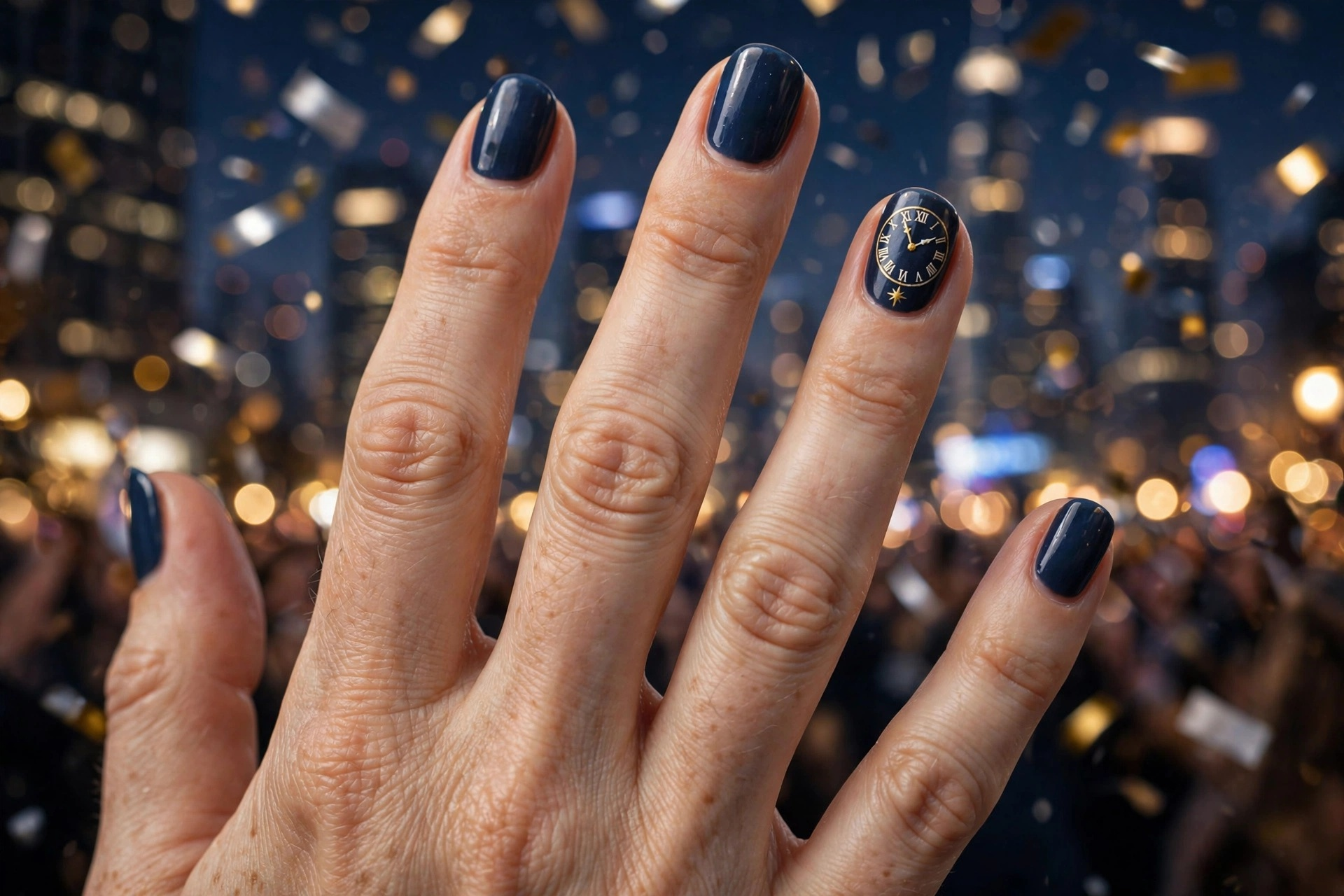 Clock face accent nail art showing nearly midnight on navy nails