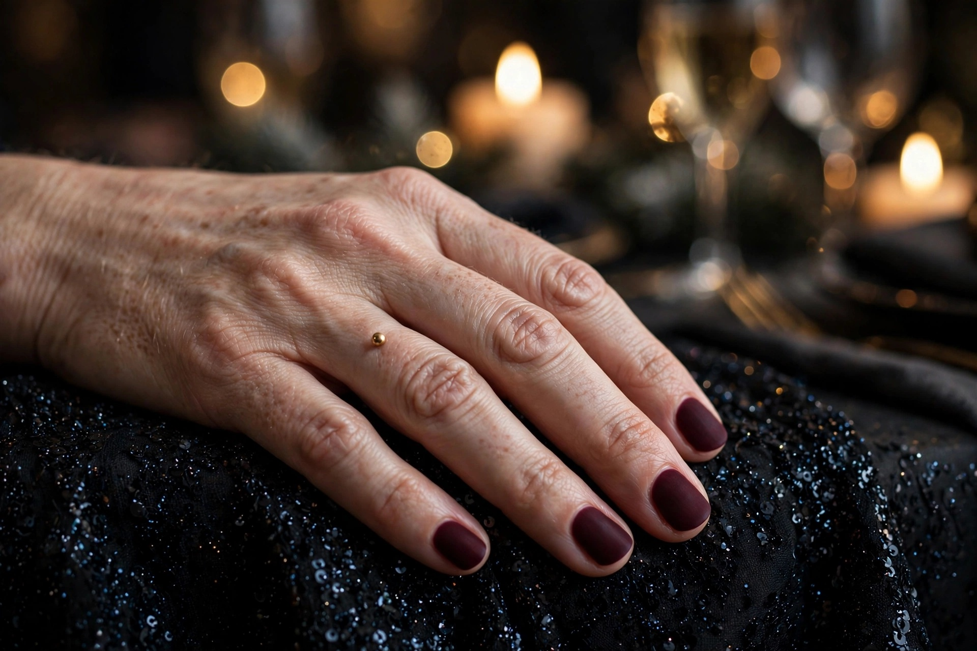 Velvet-matte deep burgundy nails with gold stud accent for New Year's Eve