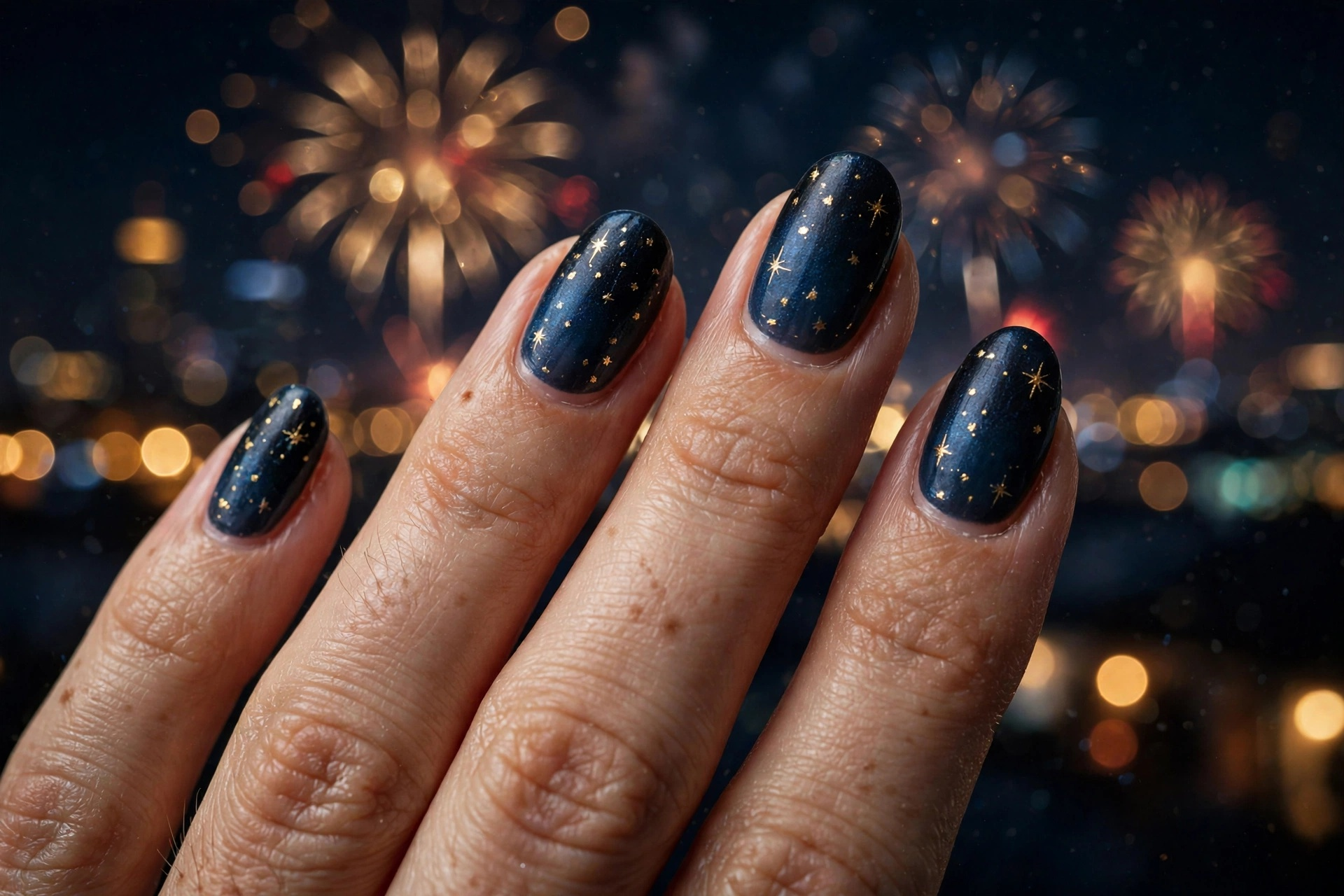 Midnight blue to black ombre nails with tiny gold stars for New Year's Eve