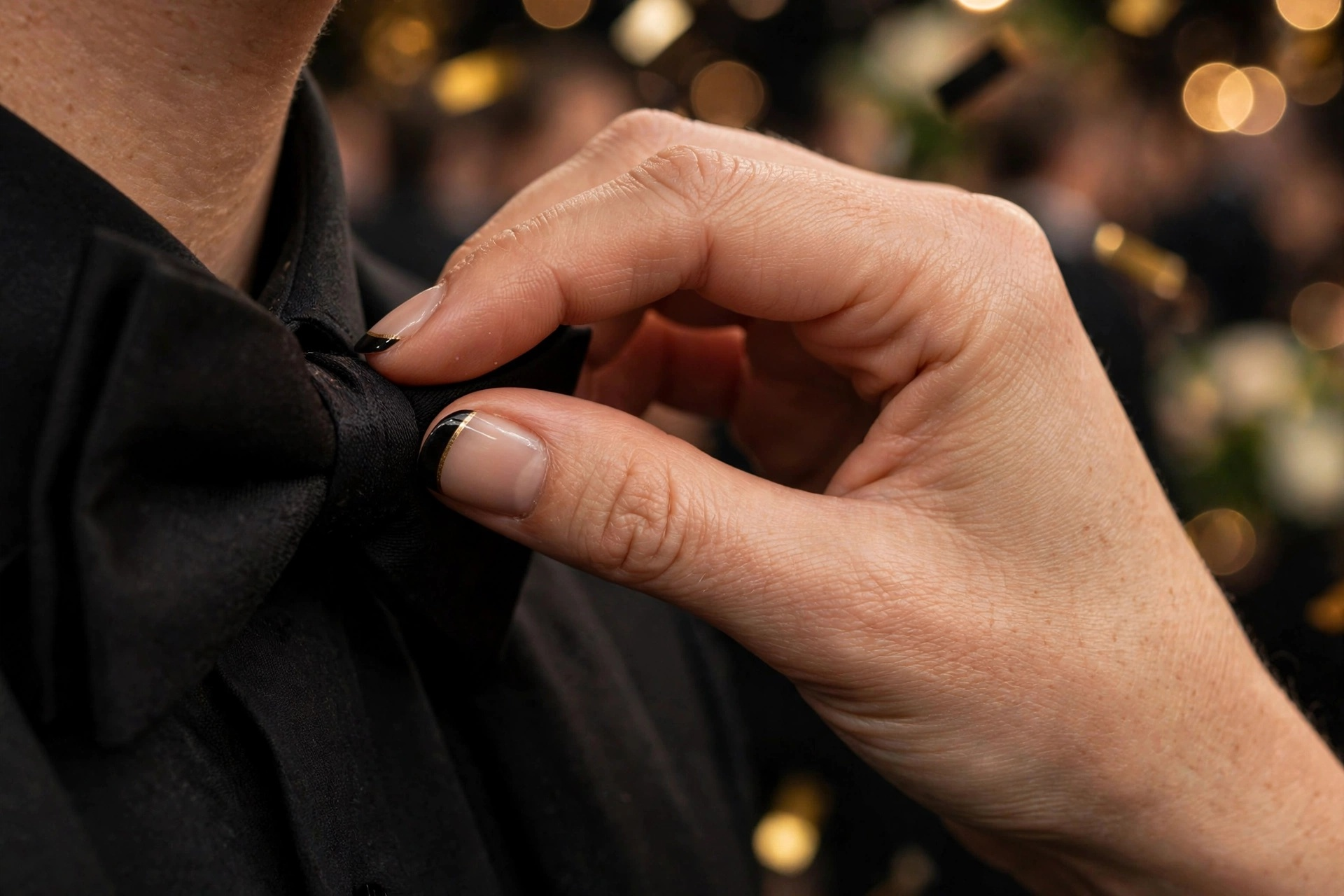 Black French tips with thin gold line on nude nails for New Year's Eve