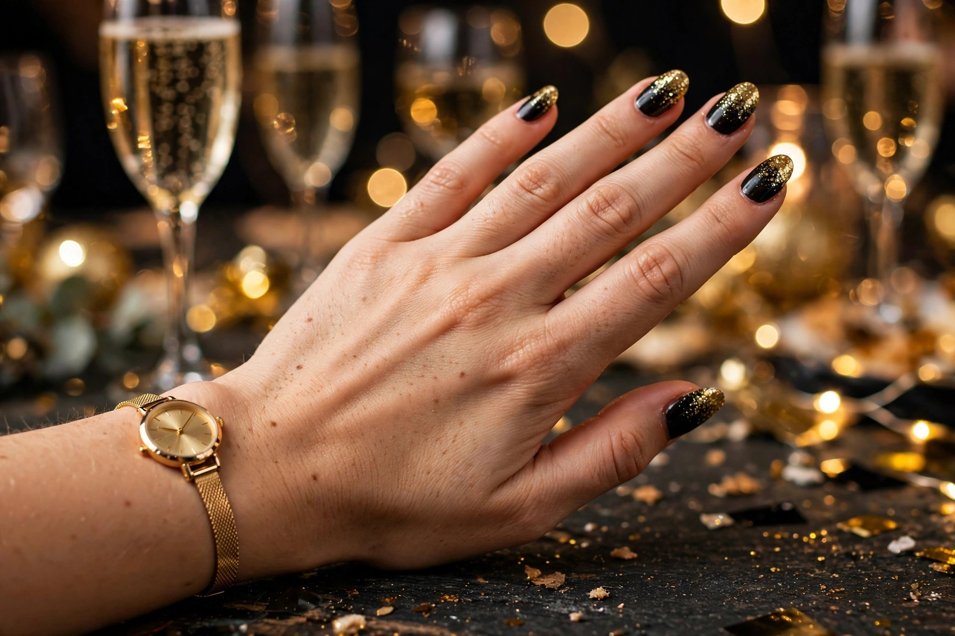 Black to gold glitter gradient fade nails for New Year's Eve