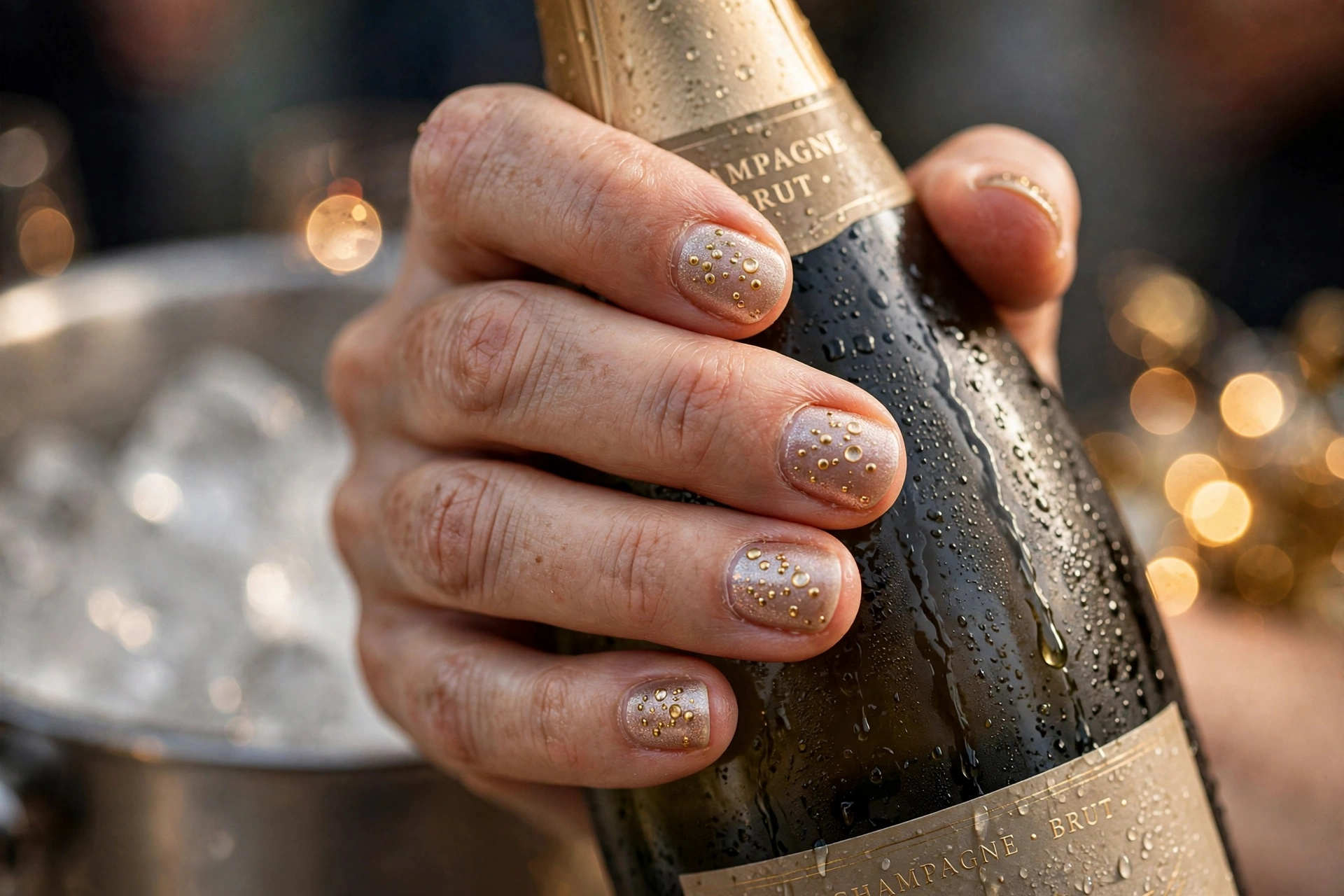 Champagne shimmer nails with tiny gold bubble dots for New Year's Eve