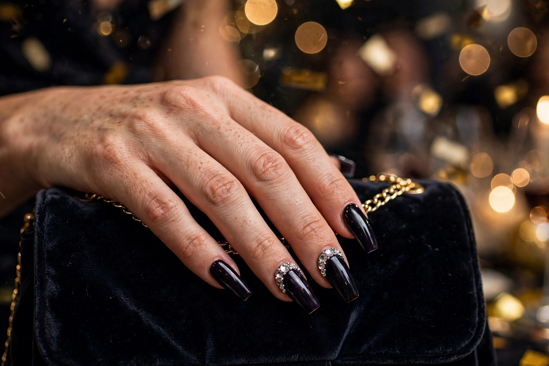 Midnight plum nails with 3D crystal rhinestone accents for New Year's Eve
