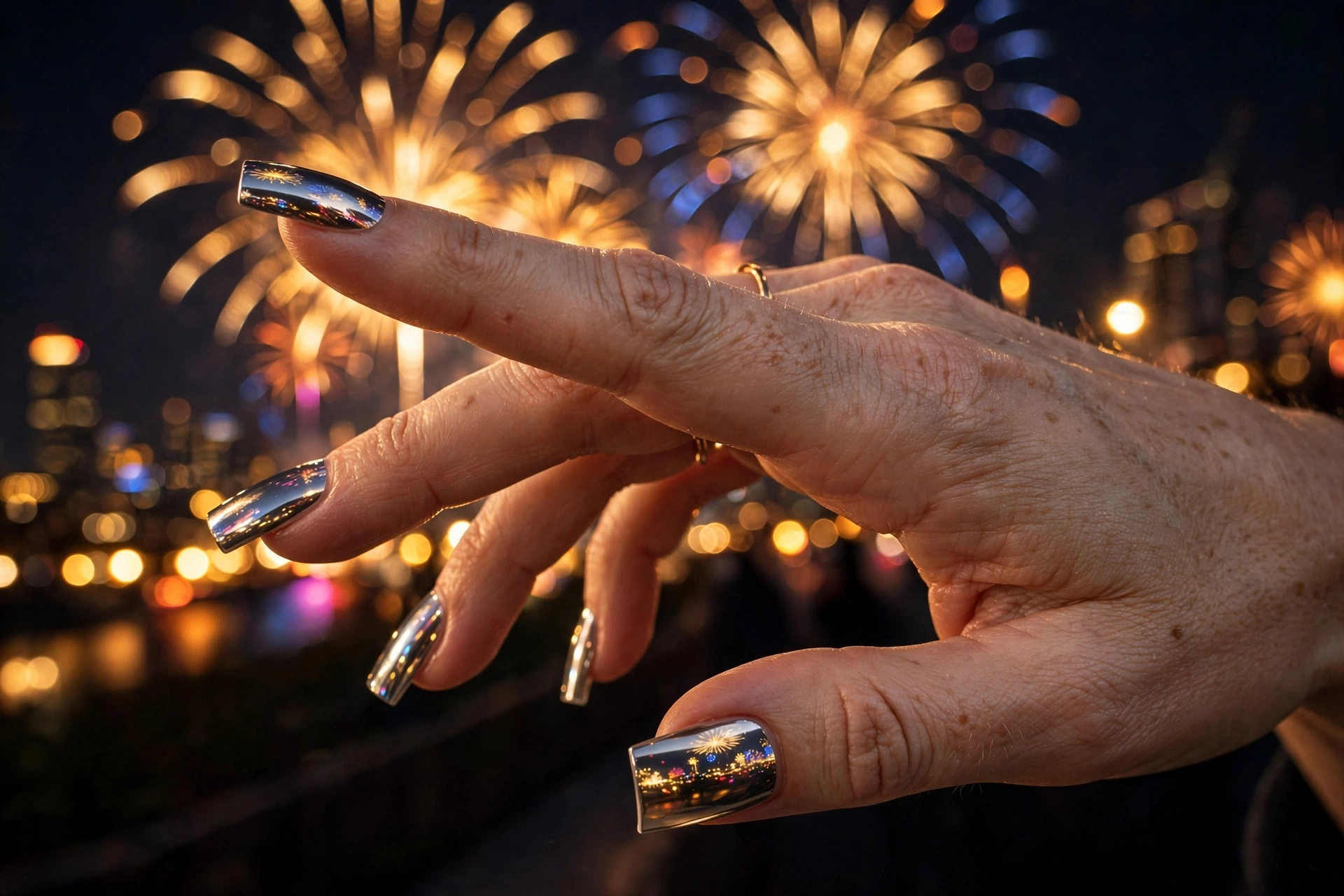 Mirror-shine liquid silver chrome nails for New Year's Eve
