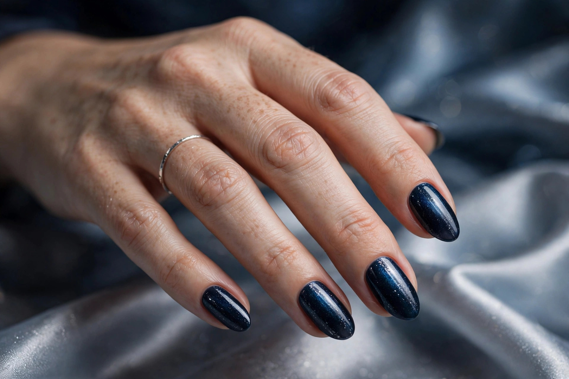 Deep midnight blue metallic New Year's nails on long almond nails