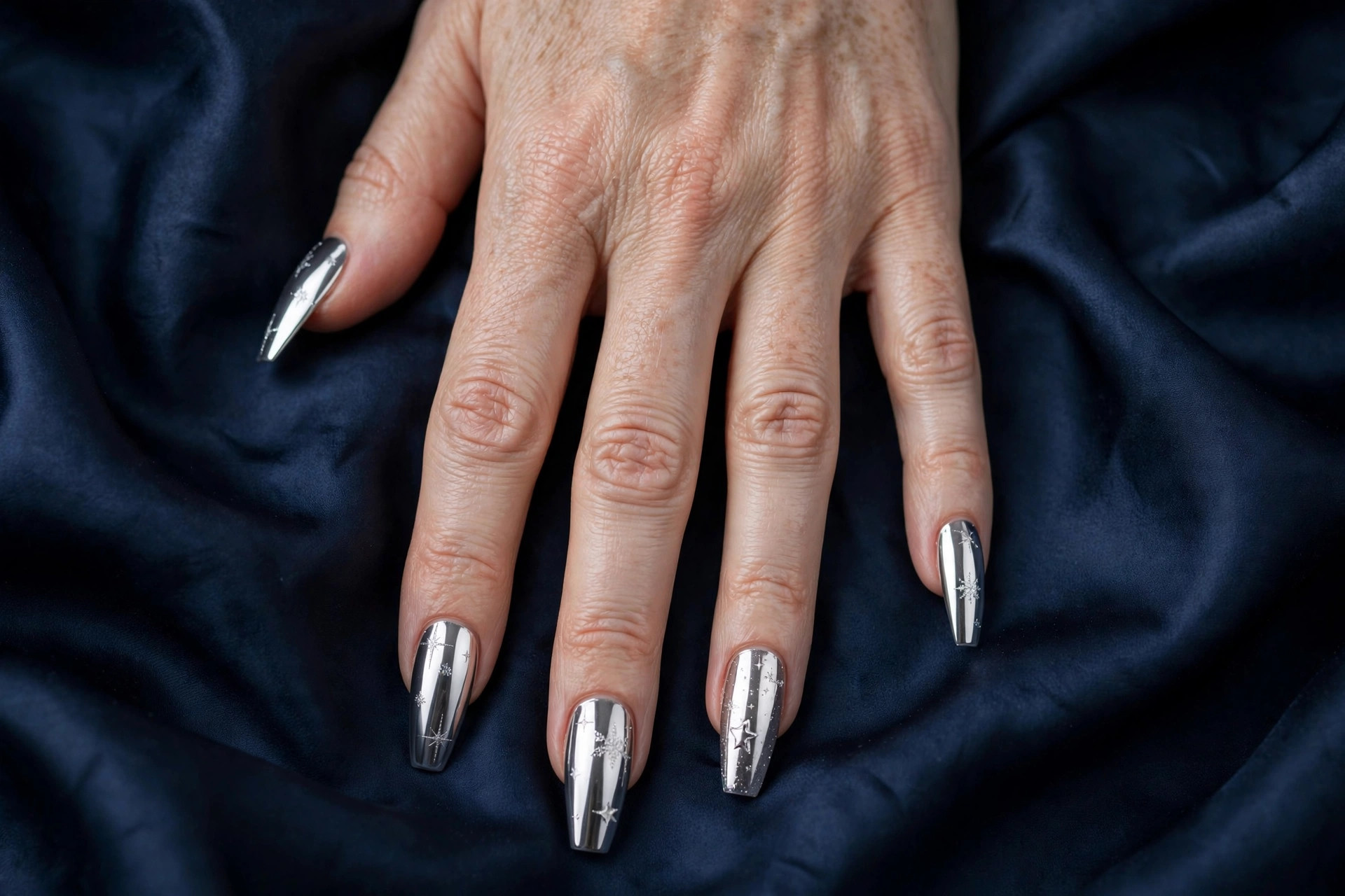 Mirror-shine silver chrome New Year's nails on long coffin shaped nails