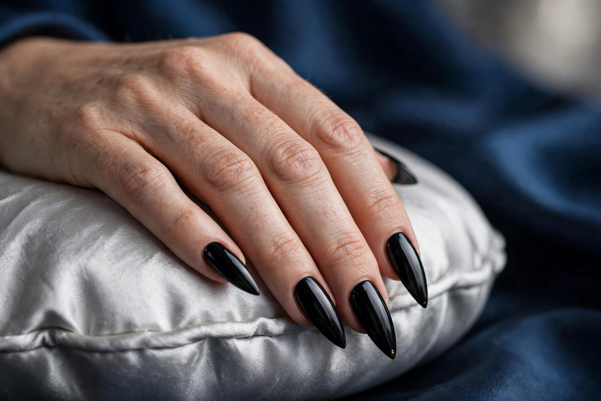 Glossy jet-black New Year's nails on long stiletto nails