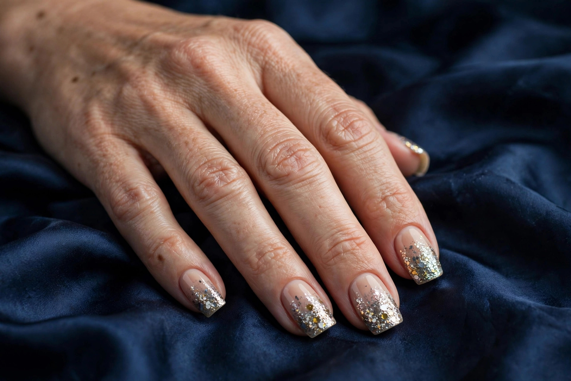 Silver and gold confetti glitter ombre New Year's nails on medium square nails