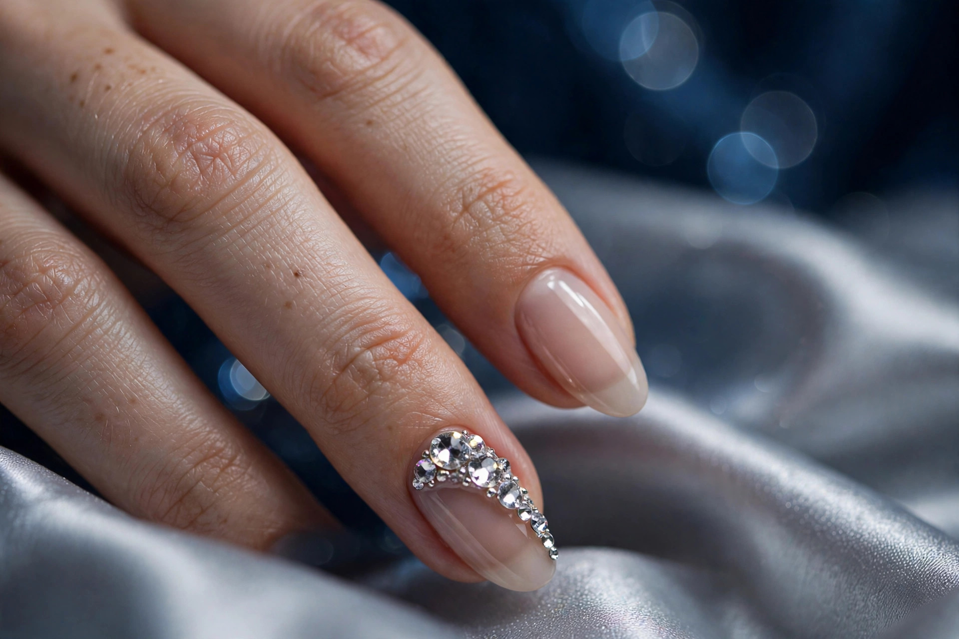 Sheer nude New Year's nails with sparkling 3D crystal rhinestone accents