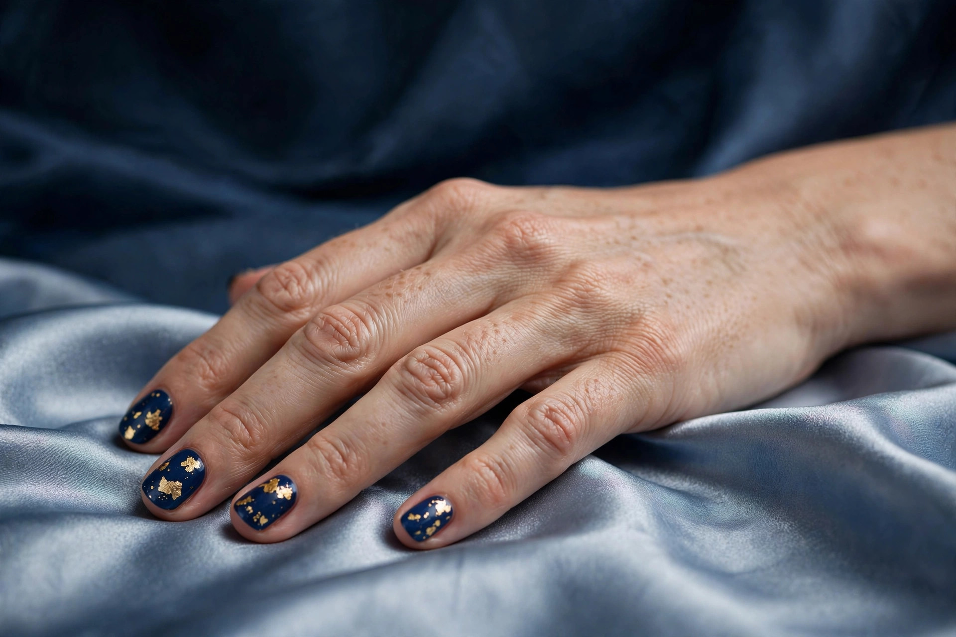 Deep navy New Year's nails with irregular gold foil flakes on short rounded nails