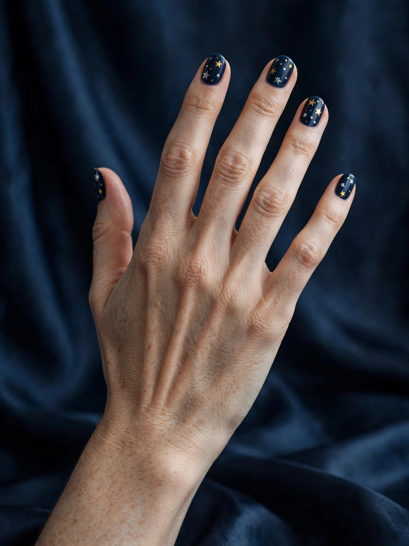 Midnight navy New Year's nails with tiny hand-painted silver and gold stars