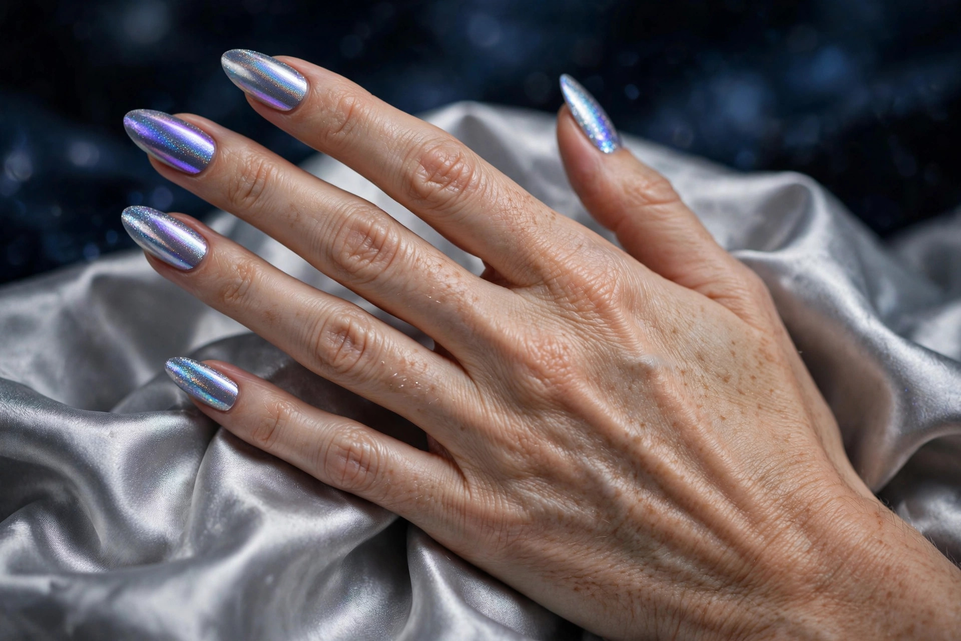 Holographic shimmer New Year's nails shifting silver violet and ice blue on long almond nails