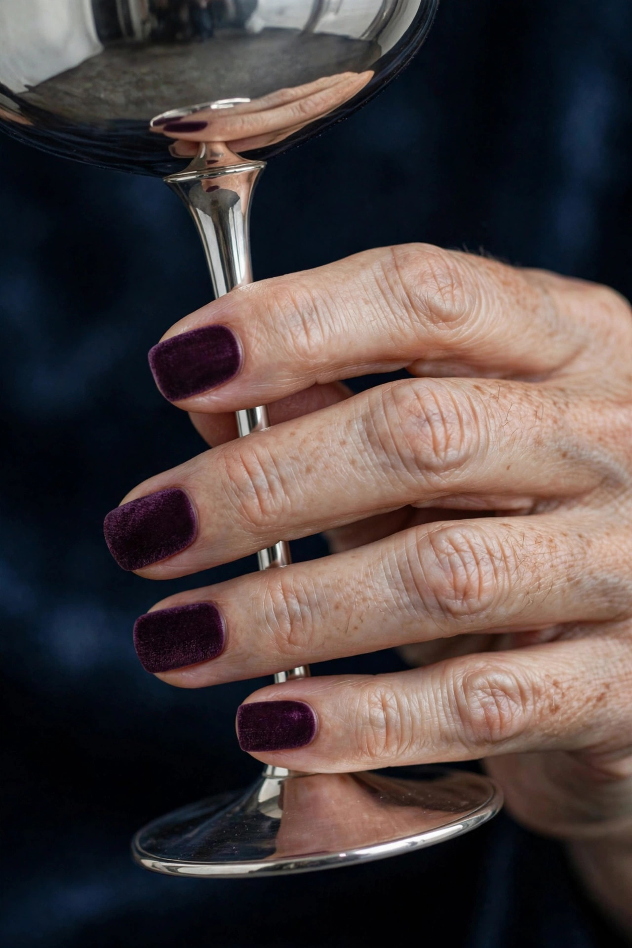Deep plum velvet-matte New Year's nails with soft plush texture on medium square nails