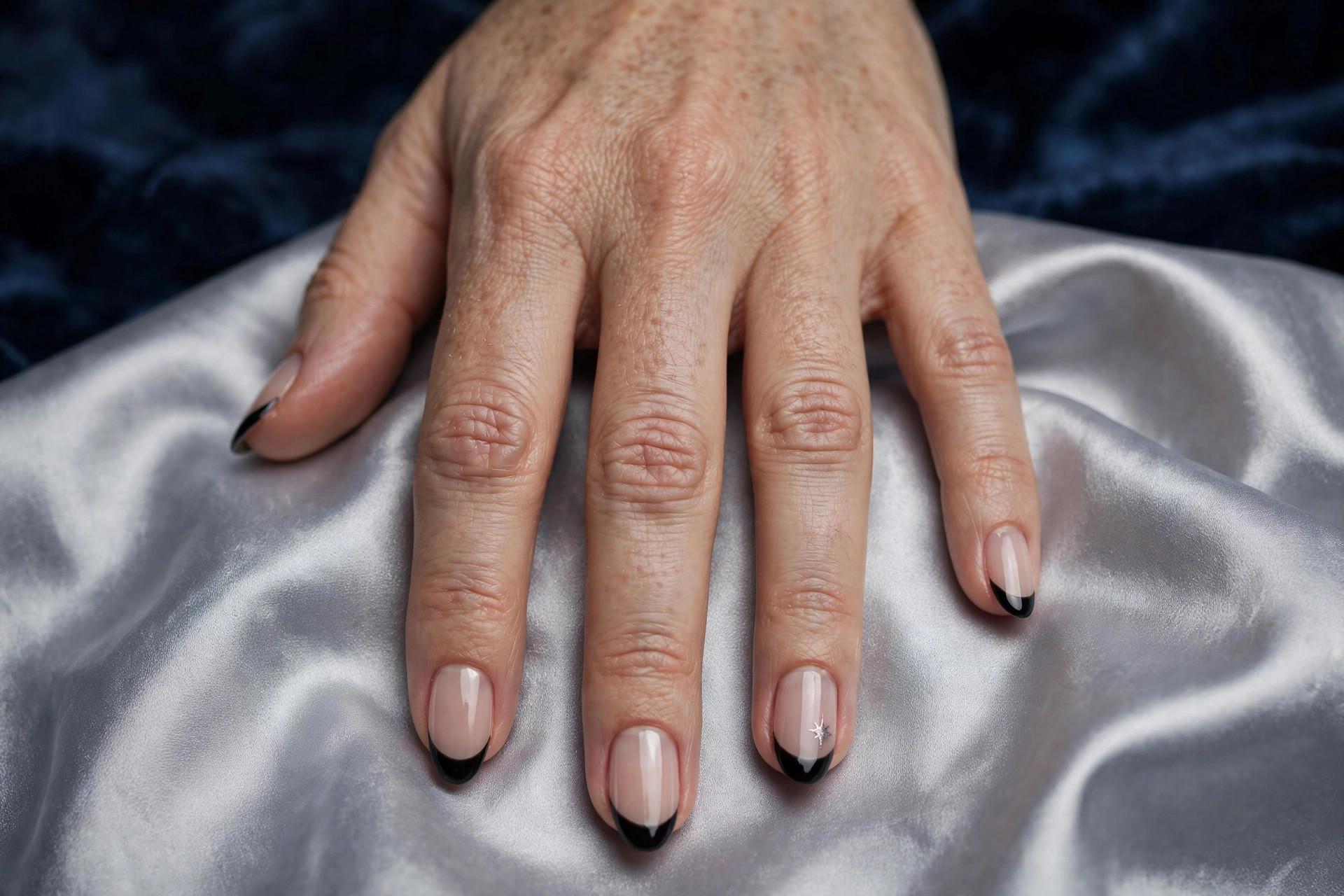 Tuxedo French New Year's nails with black tips on sheer nude base and silver star accent