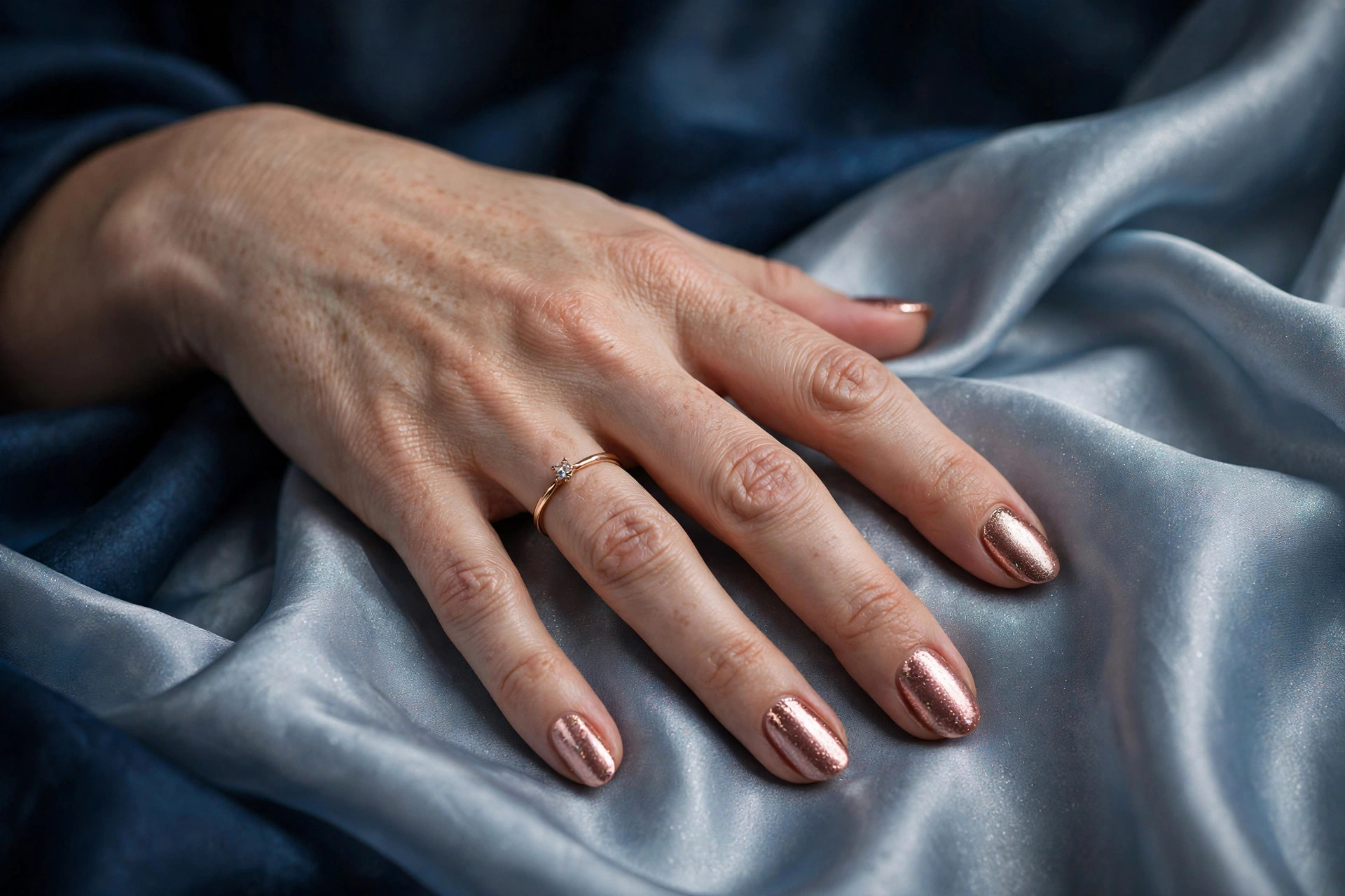 Shimmering rose gold metallic New Year's nails on medium oval nails
