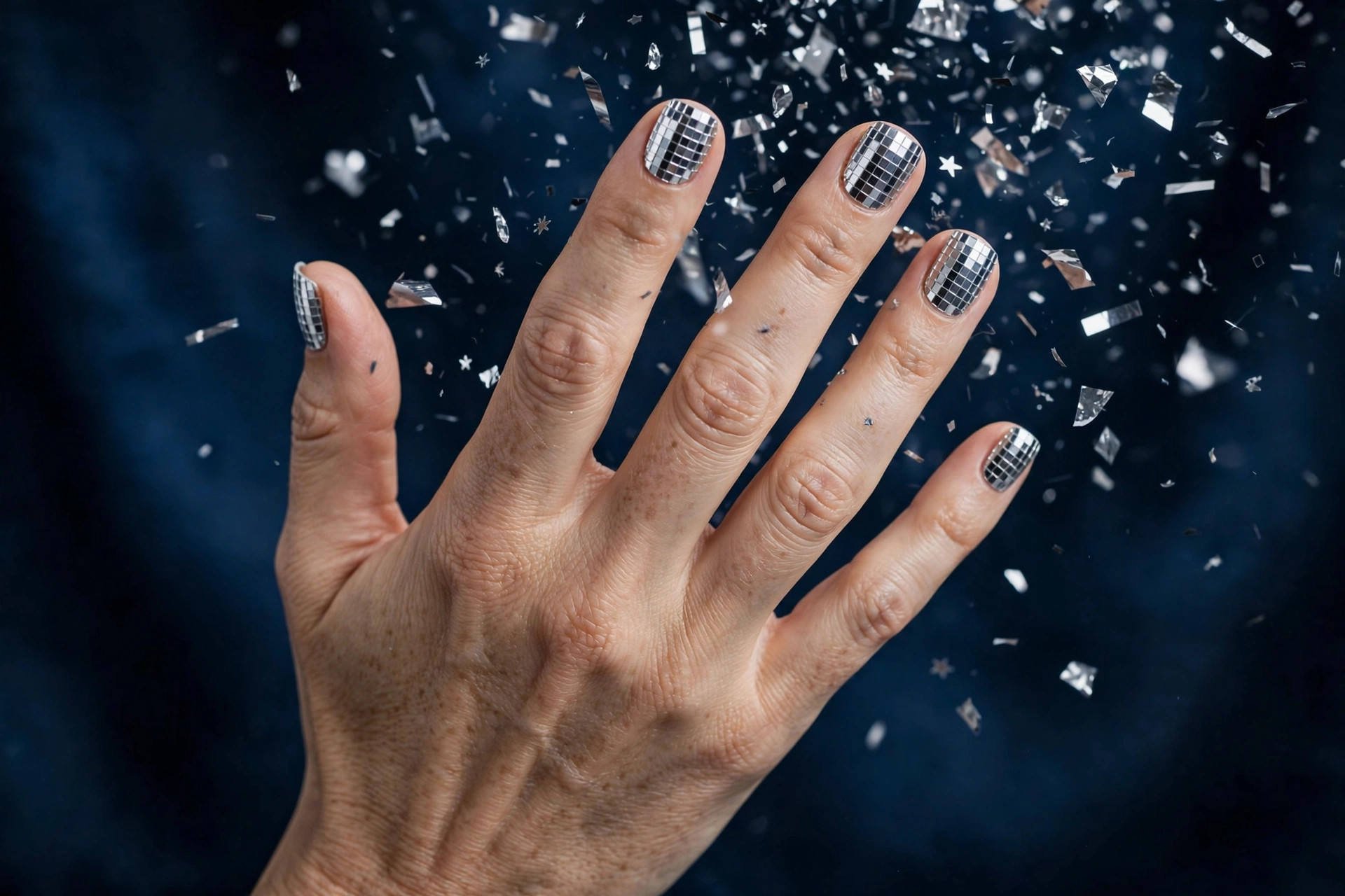 Multi-faceted mirror disco ball chrome New Year's nails on short square nails