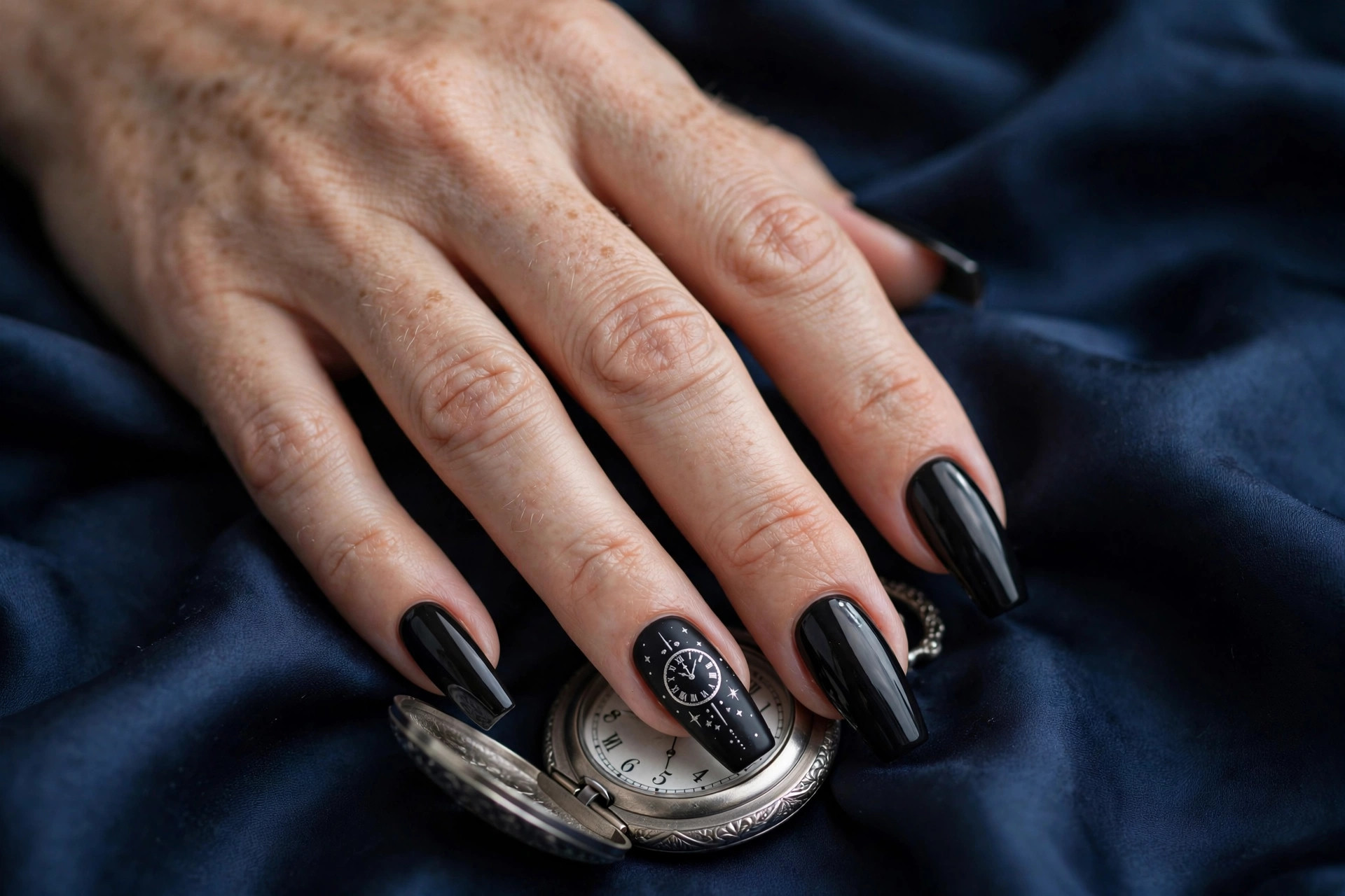 Black New Year's nails with tiny silver clock striking midnight on the ring finger