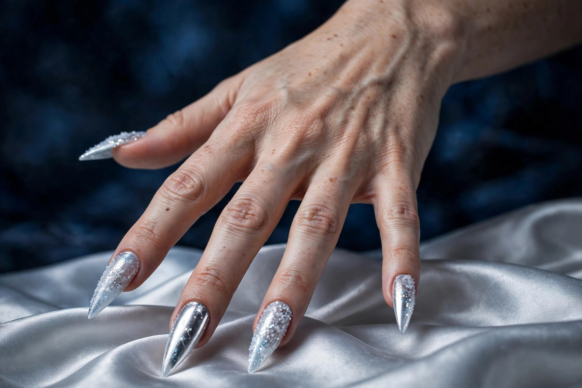 Icy platinum white chrome New Year's nails with frozen shimmer on long stiletto nails