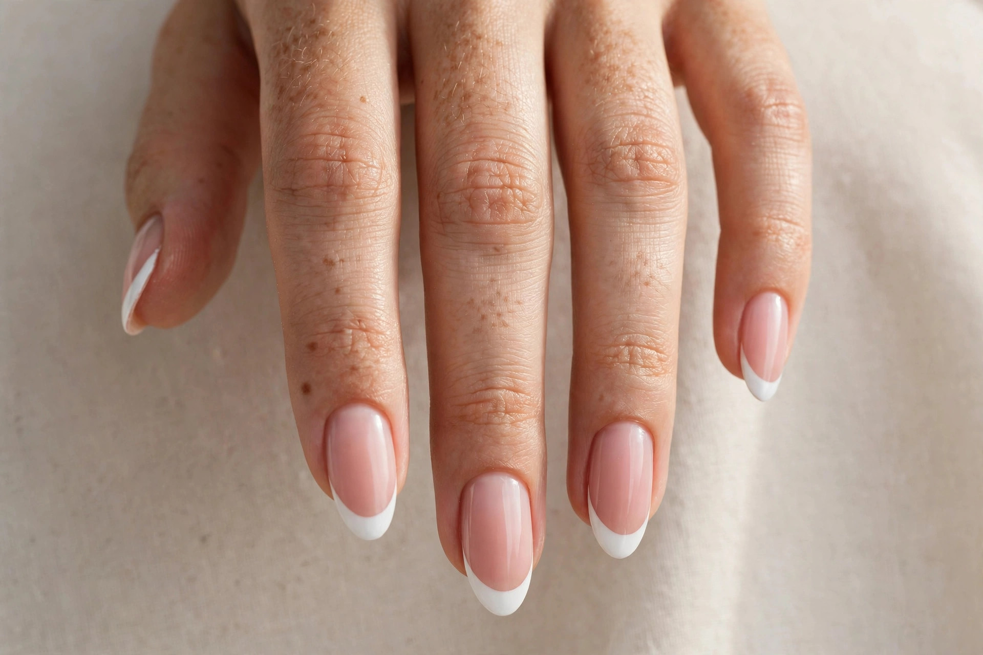 Classic white French tip manicure on almond shaped nails