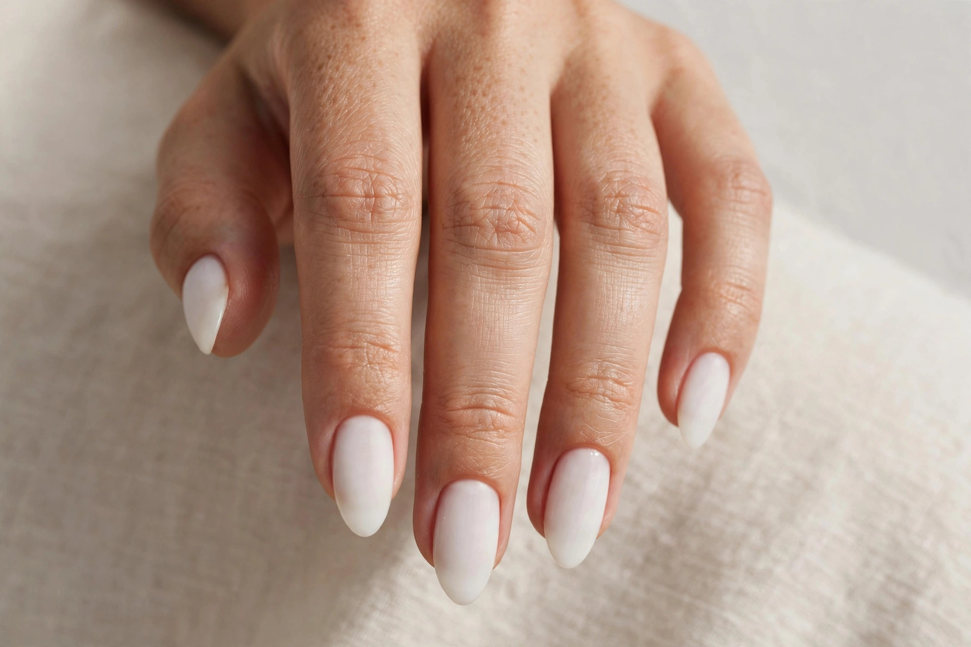 Milky white minimalist manicure on almond shaped nails