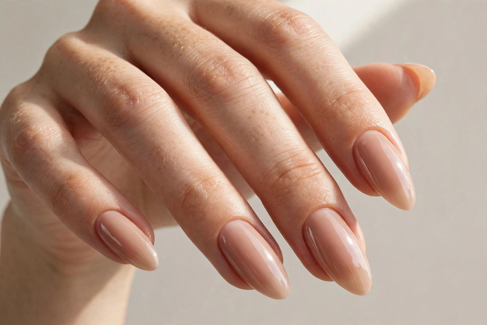 Glossy nude manicure on almond shaped nails