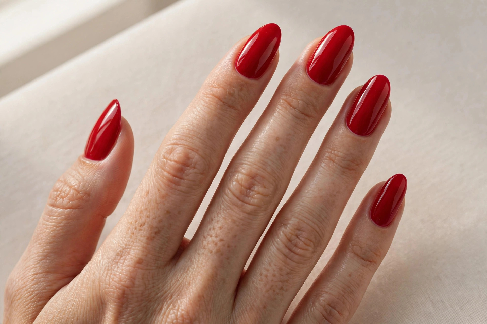 Bold glossy red manicure on almond shaped nails