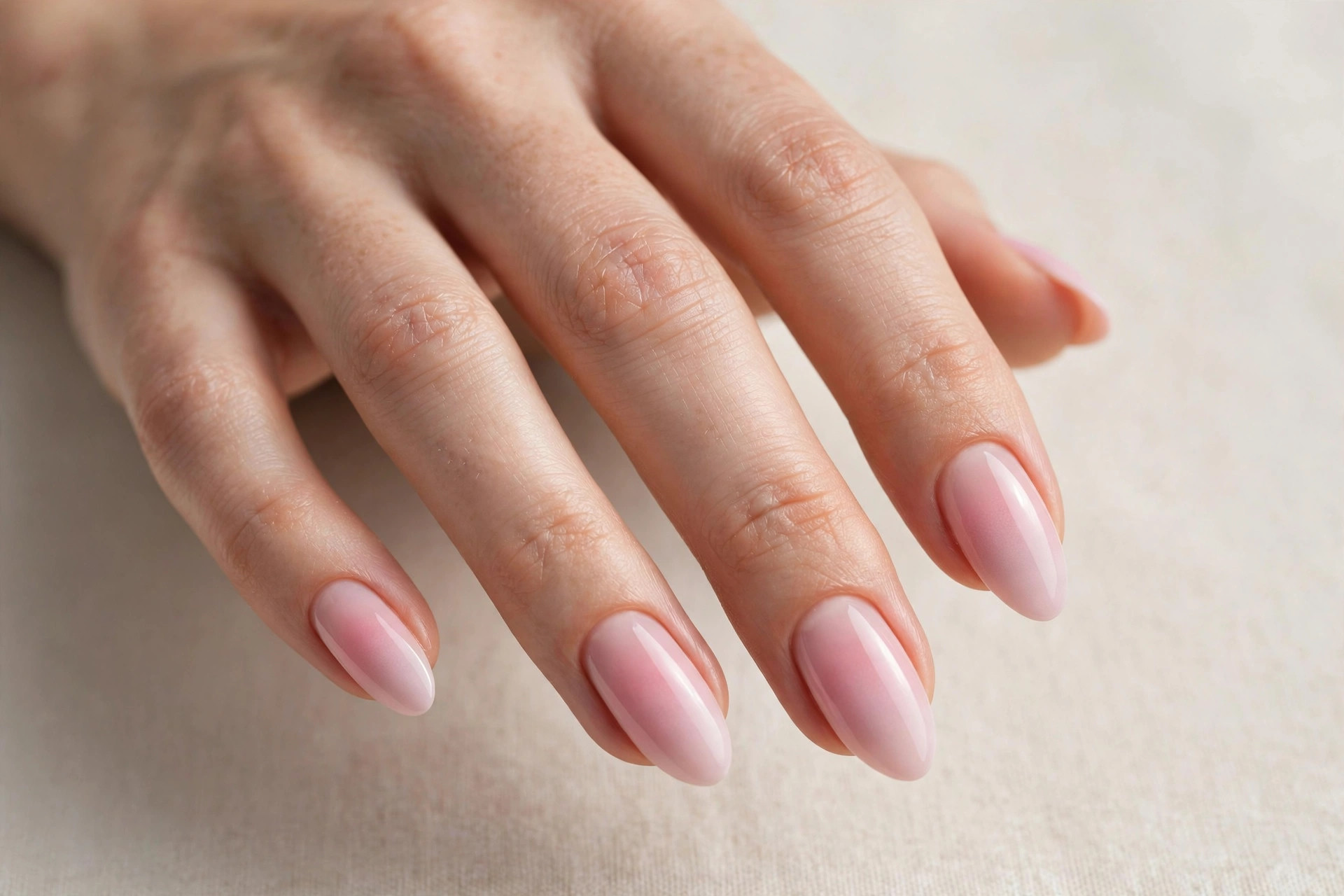 Soft pink ombre manicure fading from nude to pink on almond nails
