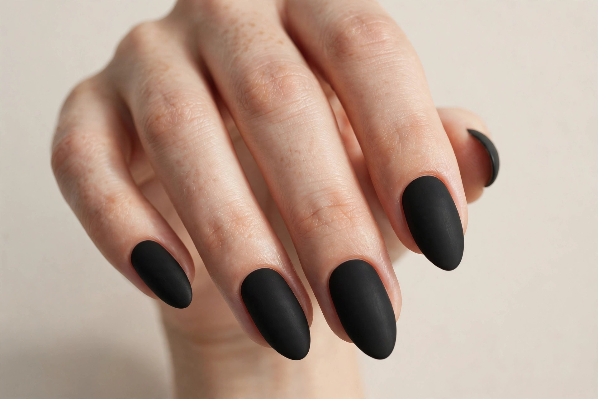 Matte black manicure on almond shaped nails
