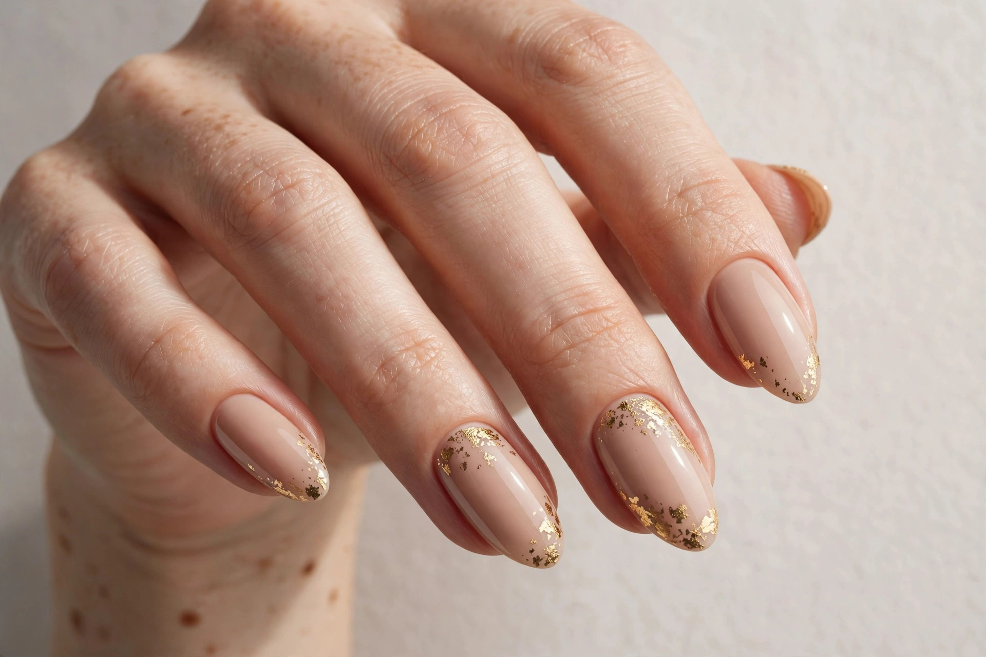 Nude manicure with delicate gold foil accents on almond nails