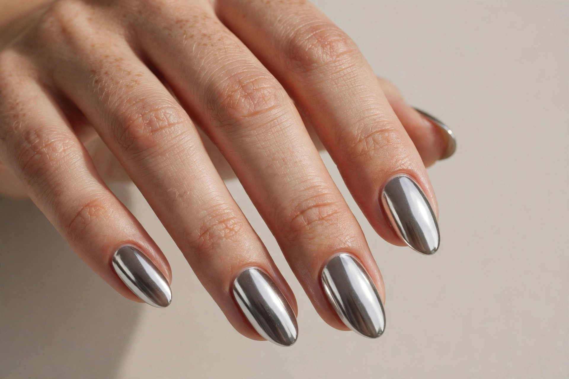 Silver chrome mirror finish manicure on almond shaped nails