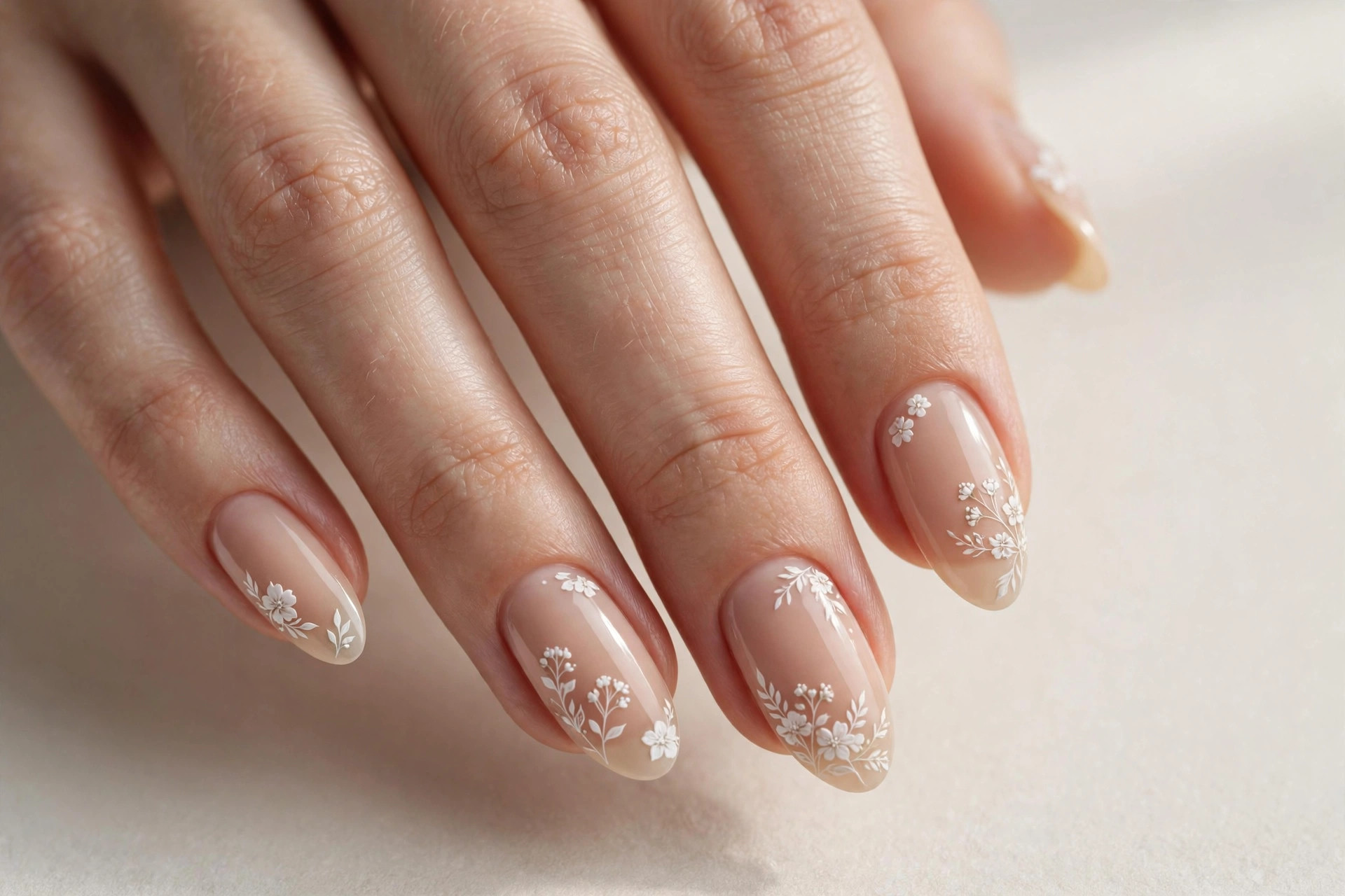 Delicate white floral nail art on nude base, almond shaped nails
